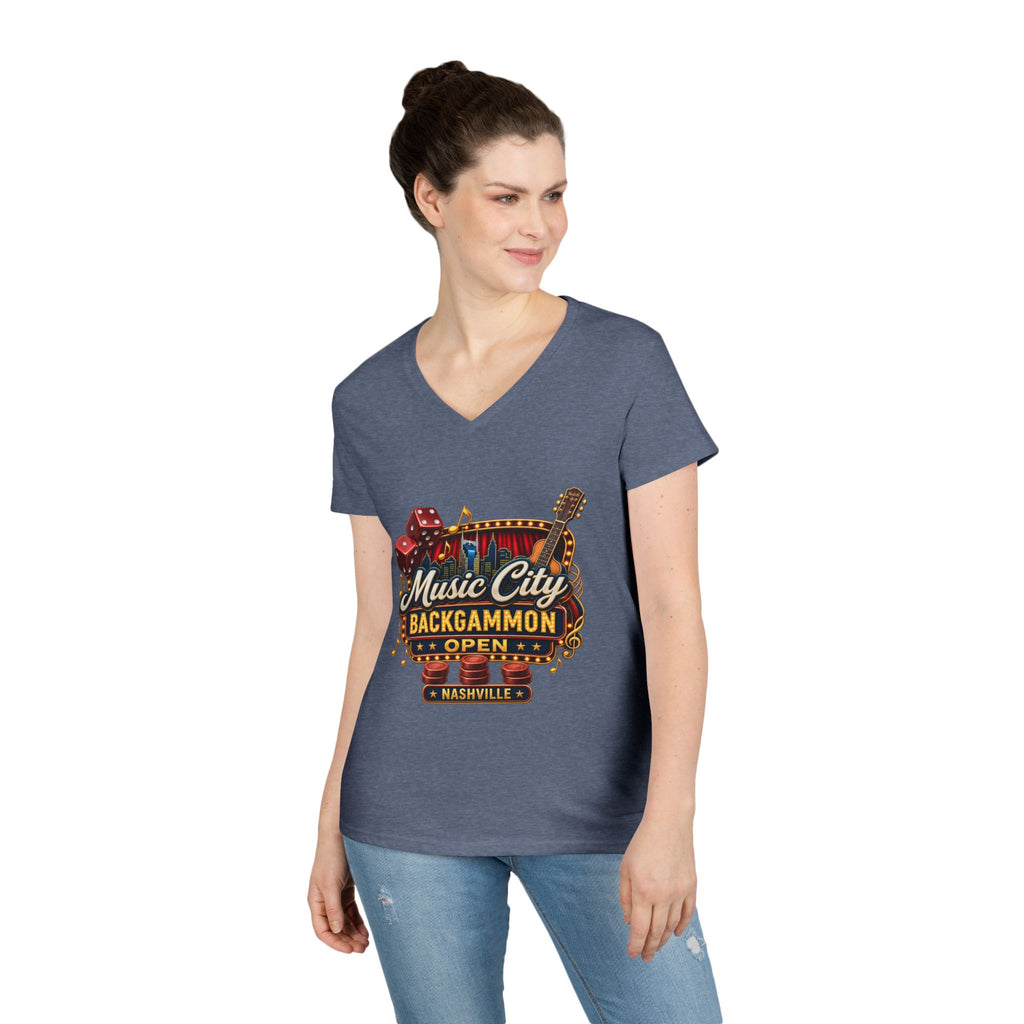 Music City Backgammon Open Ladies' V-Neck T-Shirt — Nashville Guitar & Dice Tournament Tee