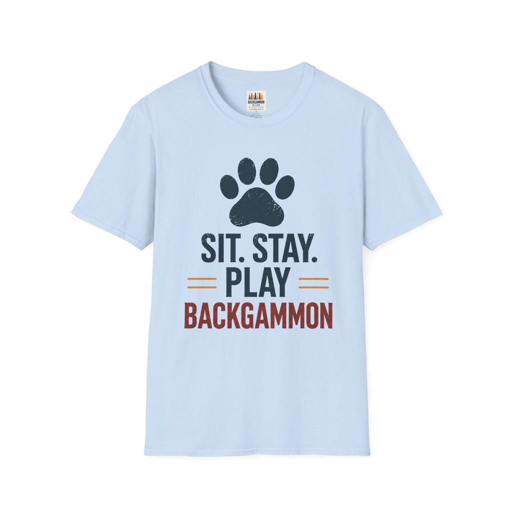 Backgammon T-Shirt — "Sit. Stay. Play Backgammon" Paw Print Tee