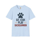 Backgammon T-Shirt — "Sit. Stay. Play Backgammon" Paw Print Tee