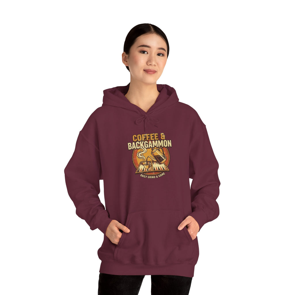 Coffee & Backgammon Unisex Heavy Blend™ Hooded Sweatshirt — Retro Coffee Lovers Game Night Sweatshirt