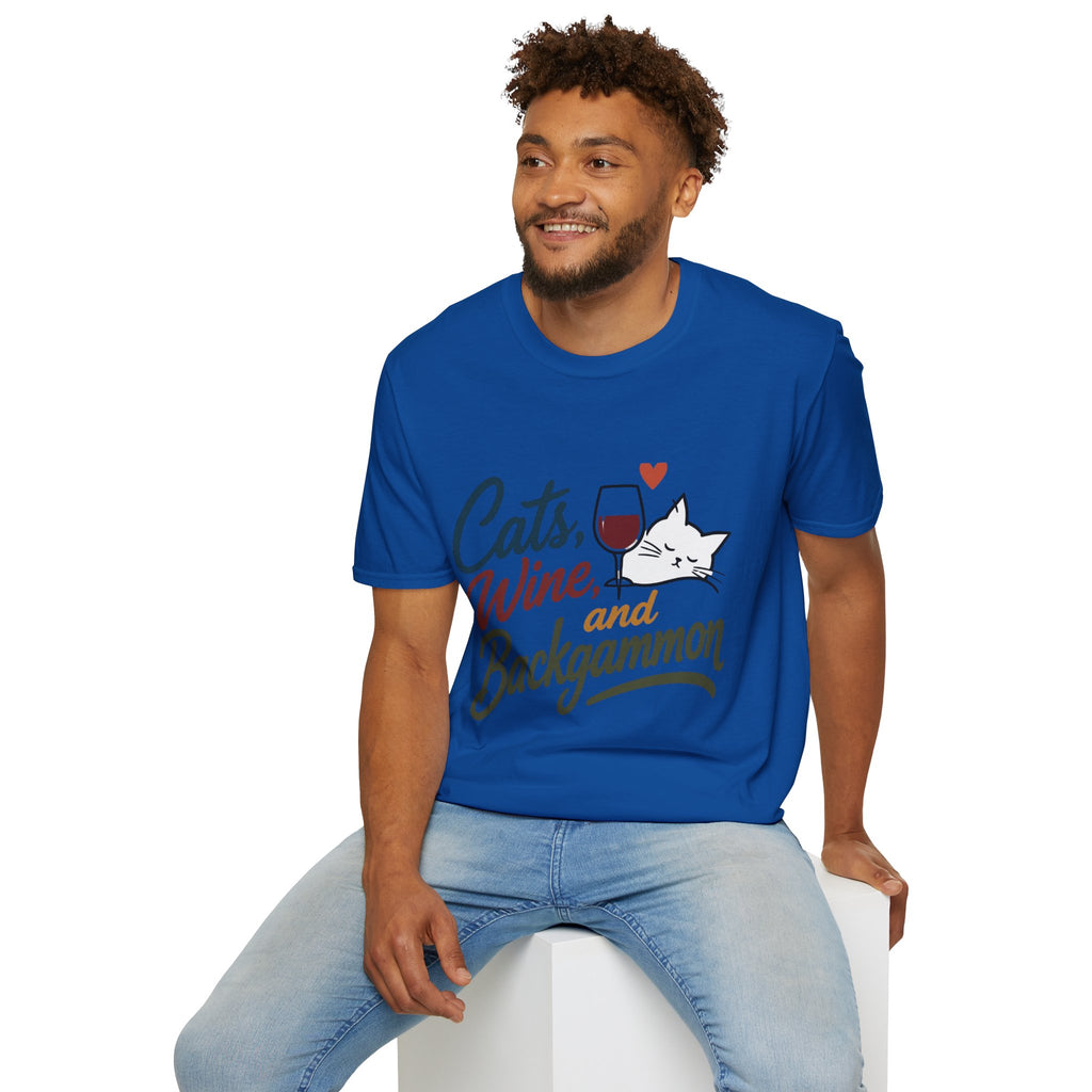 Cats, Wine & Backgammon T-Shirt — Funny Cat Lover Graphic Tee