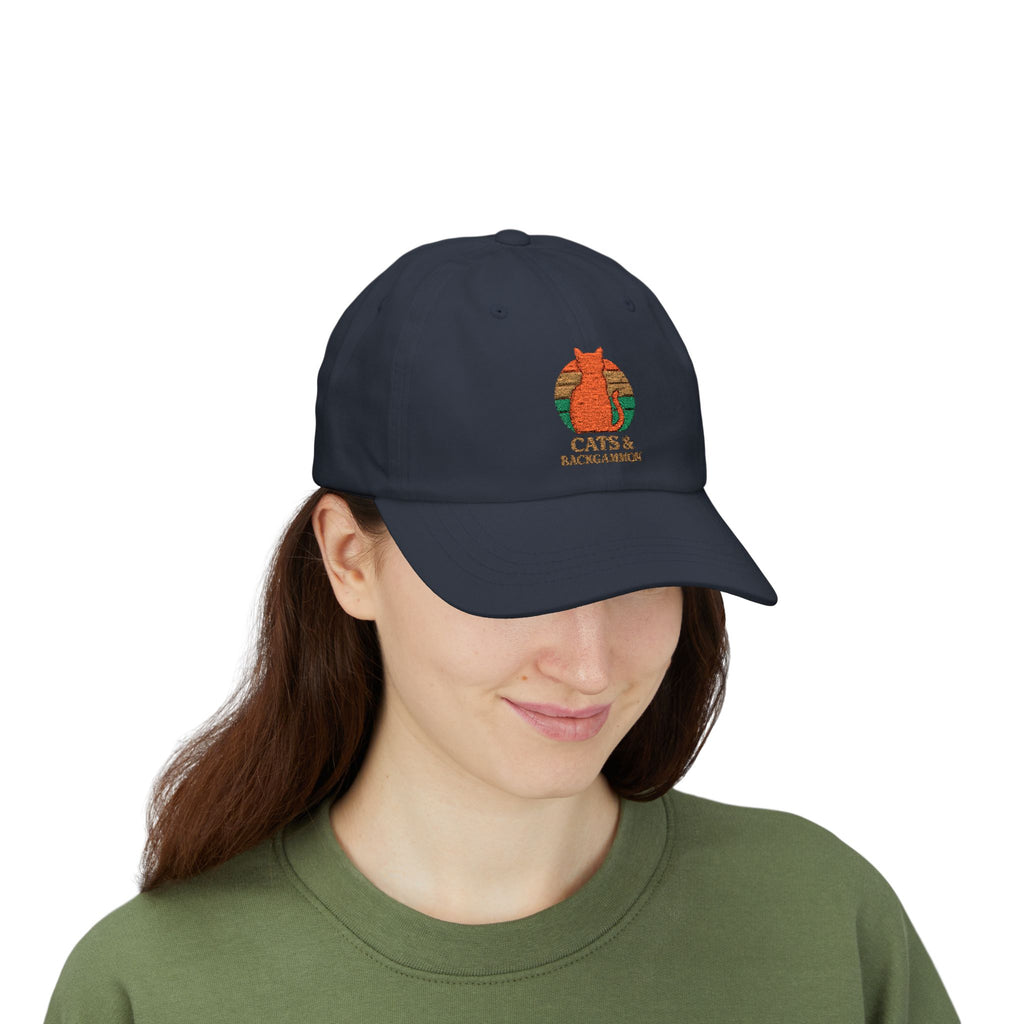 Cats & Backgammon Dad Cap — Retro Orange Cat Embroidered Baseball Hat
