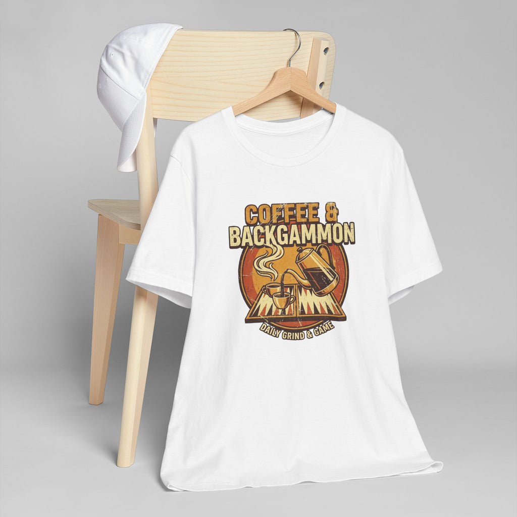 Coffee & Backgammon Unisex Jersey T-Shirt— Retro Game Night Tee