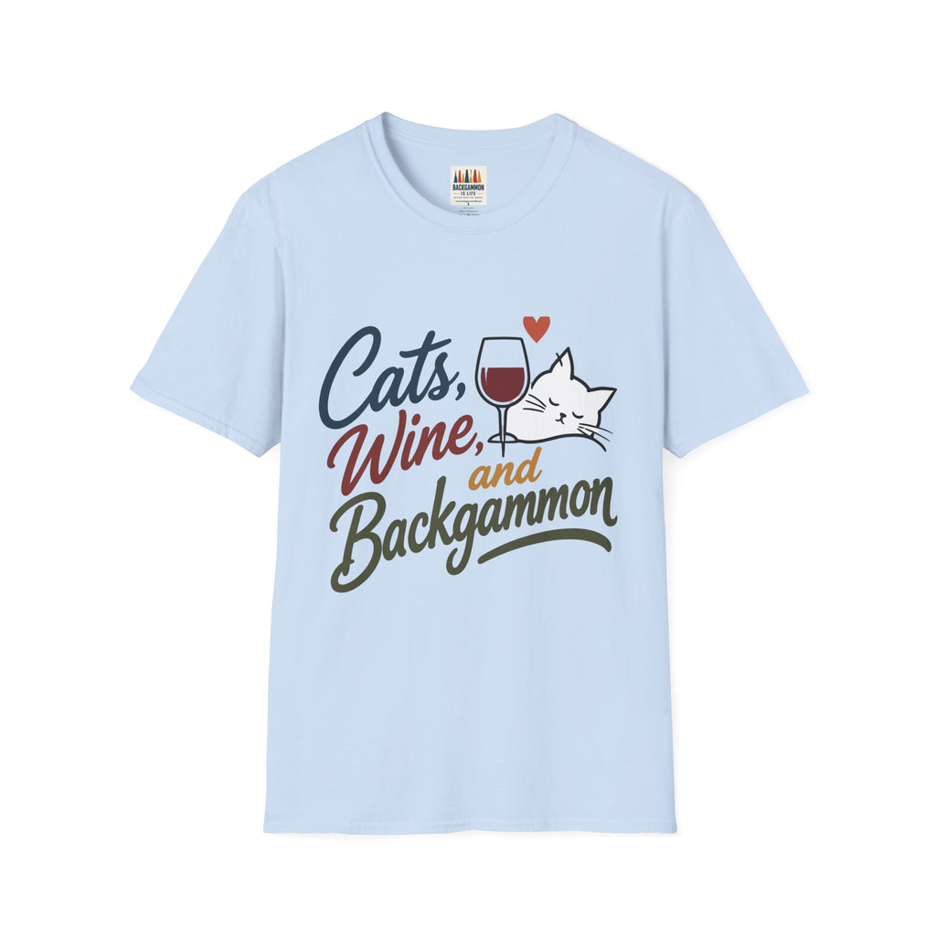 Cats, Wine & Backgammon T-Shirt — Funny Cat Lover Graphic Tee