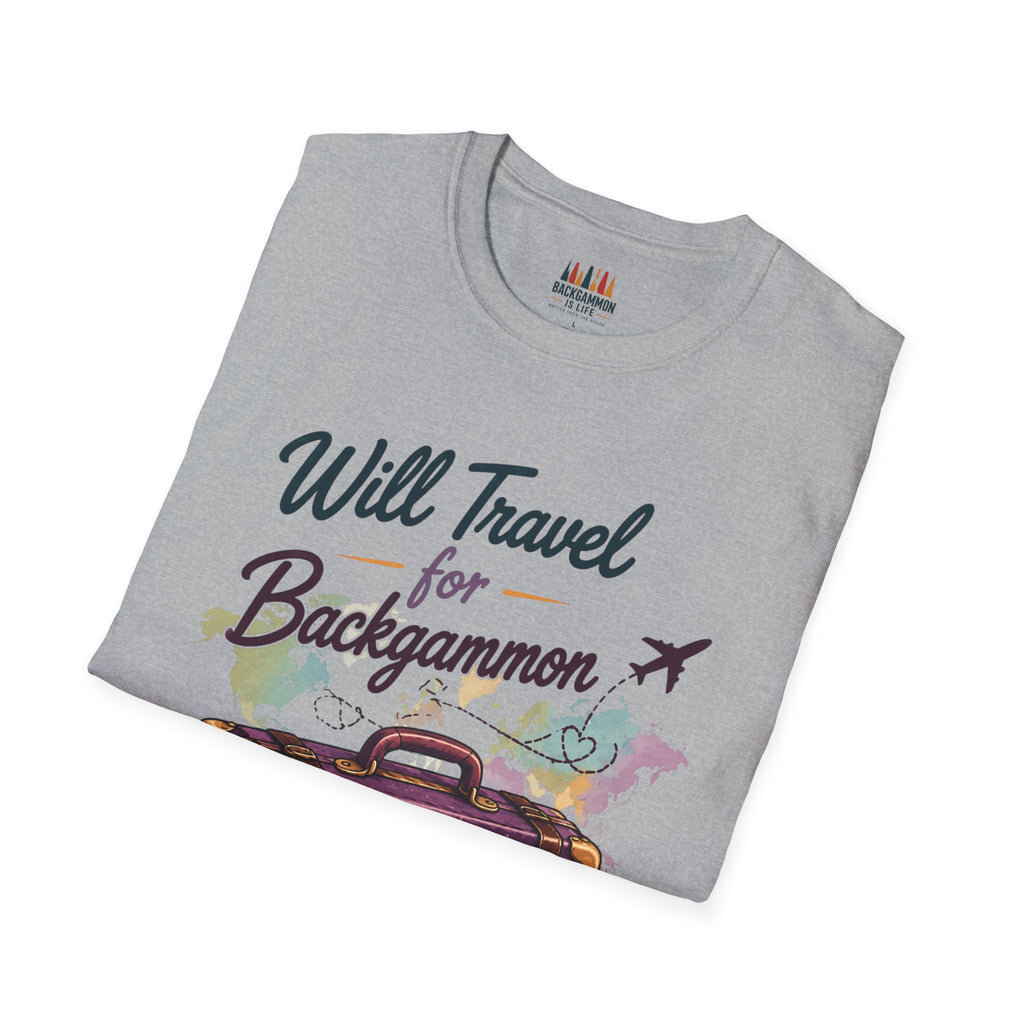Backgammon Travel T-Shirt — "Will Travel for Backgammon" Vintage Suitcase Design