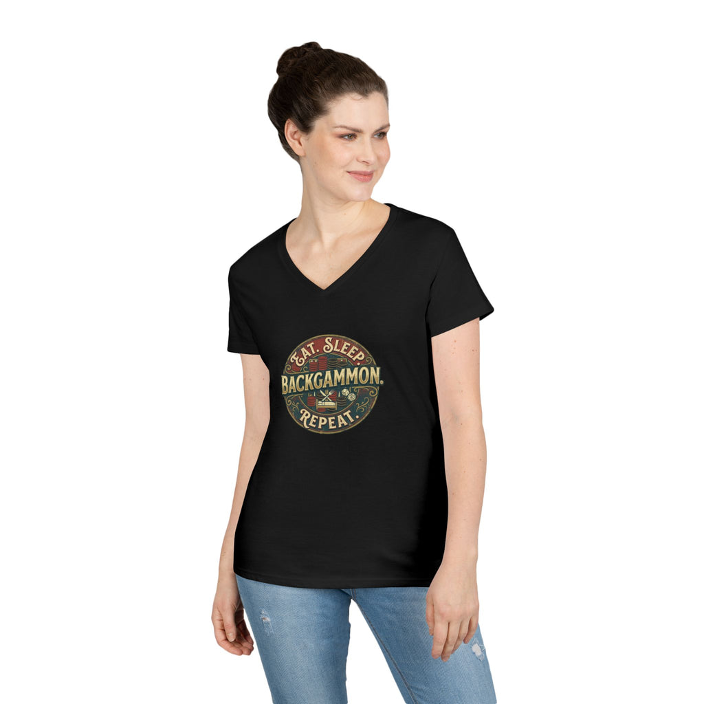 Eat. Sleep. Backgammon. Repeat. Ladies' V-Neck T-Shirt