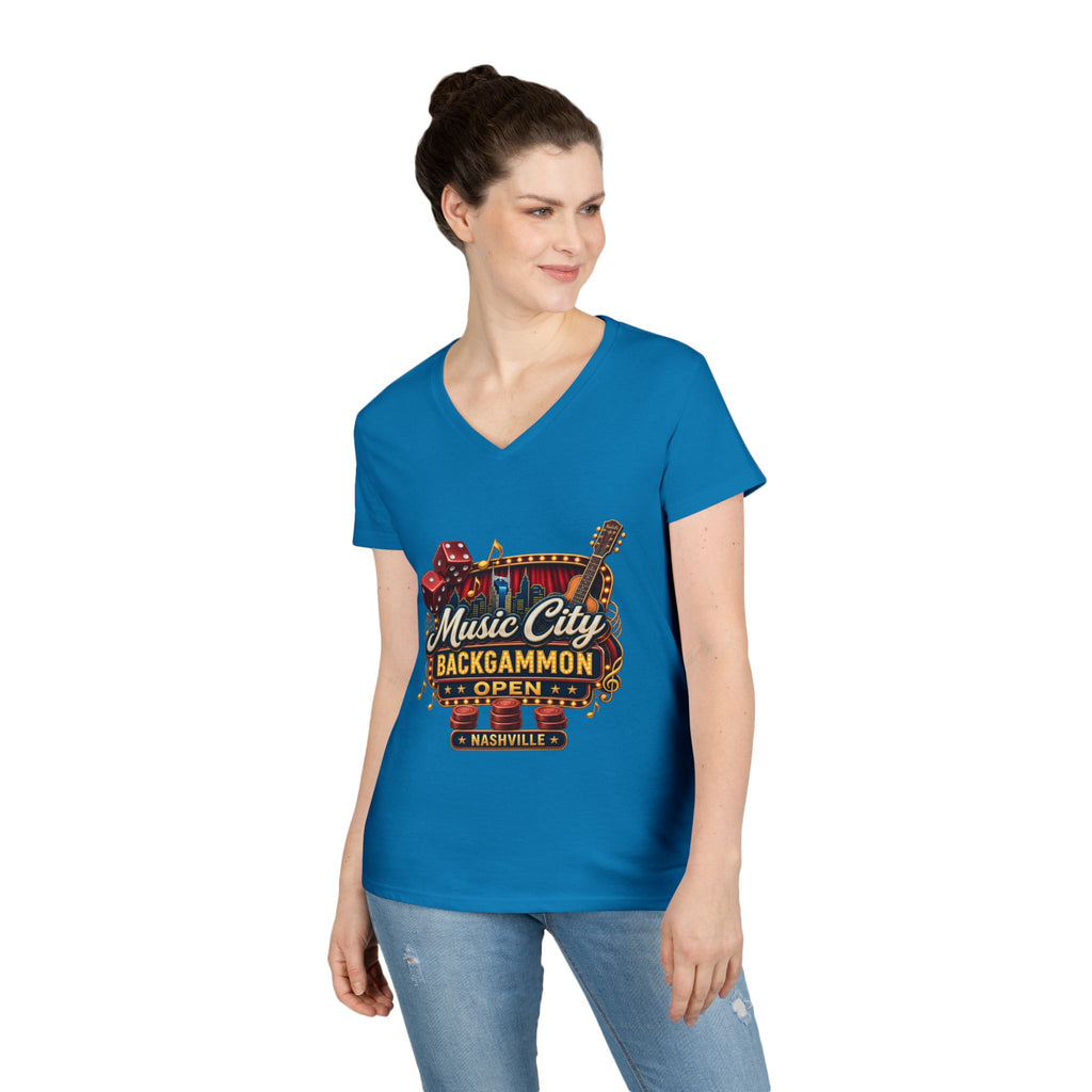 Music City Backgammon Open Ladies' V-Neck T-Shirt — Nashville Guitar & Dice Tournament Tee