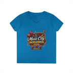 Music City Backgammon Open Ladies' V-Neck T-Shirt — Nashville Guitar & Dice Tournament Tee