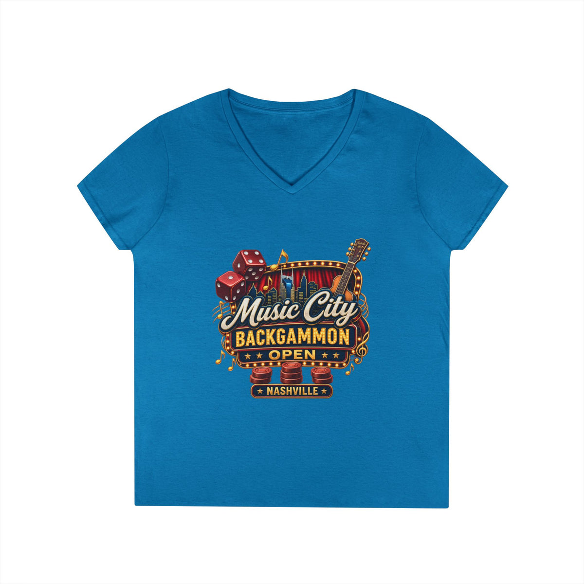 Music City Backgammon Open Ladies' V-Neck T-Shirt — Nashville Guitar & Dice Tournament Tee