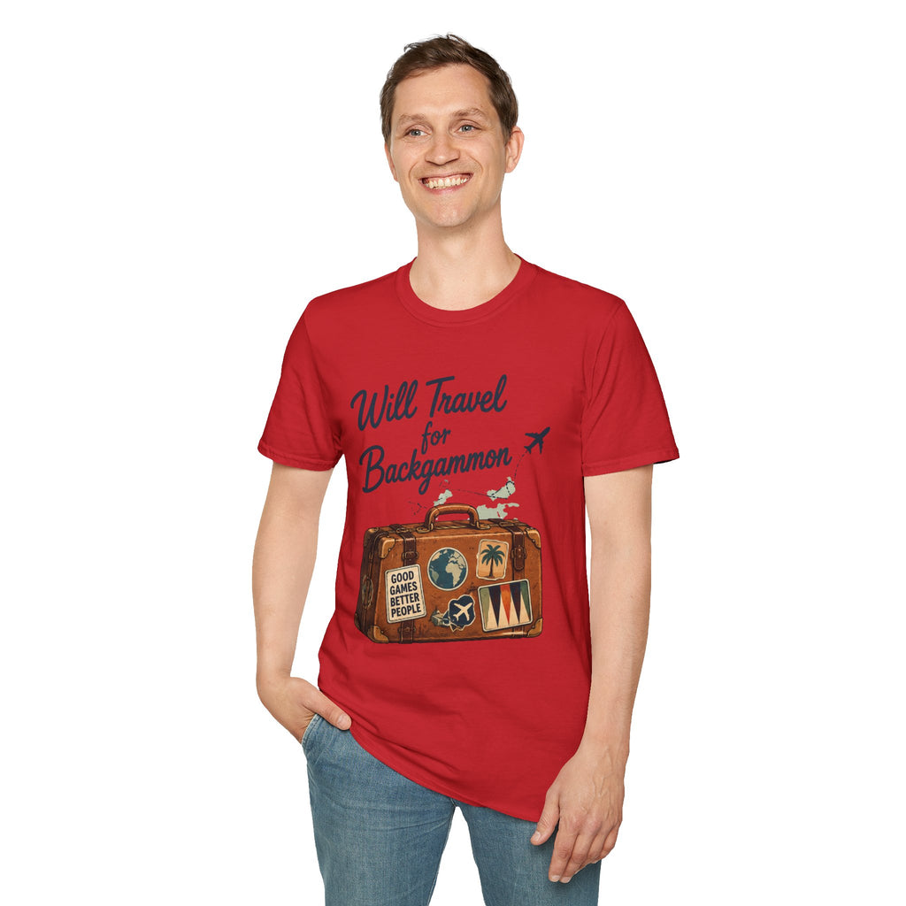 Backgammon Travel T-Shirt — "Will Travel for Backgammon" Vintage Suitcase Design