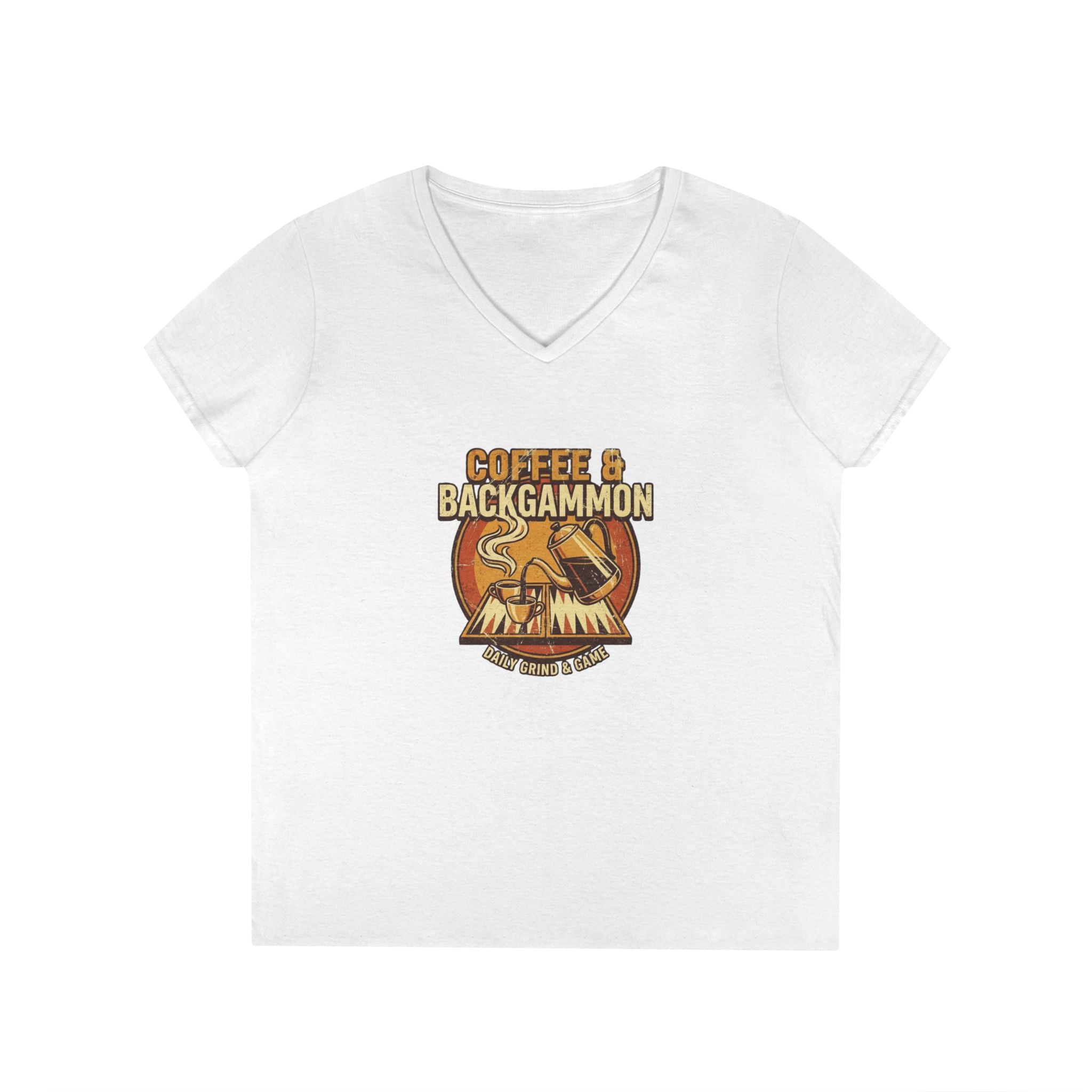 Coffee & Backgammon Ladies' V-Neck T-Shirt — Women's Casual Game Night Shirt