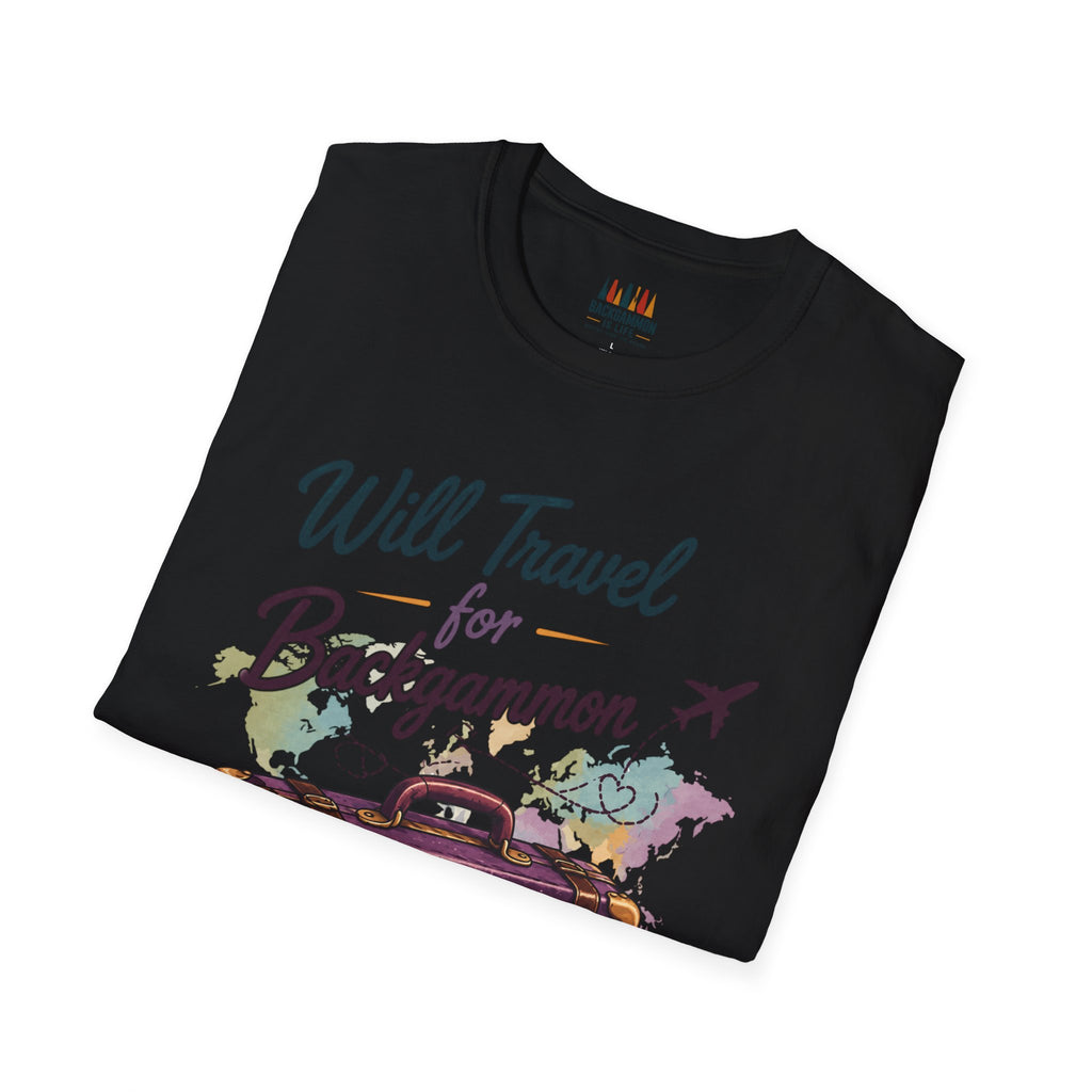 Backgammon Travel T-Shirt — "Will Travel for Backgammon" Vintage Suitcase Design