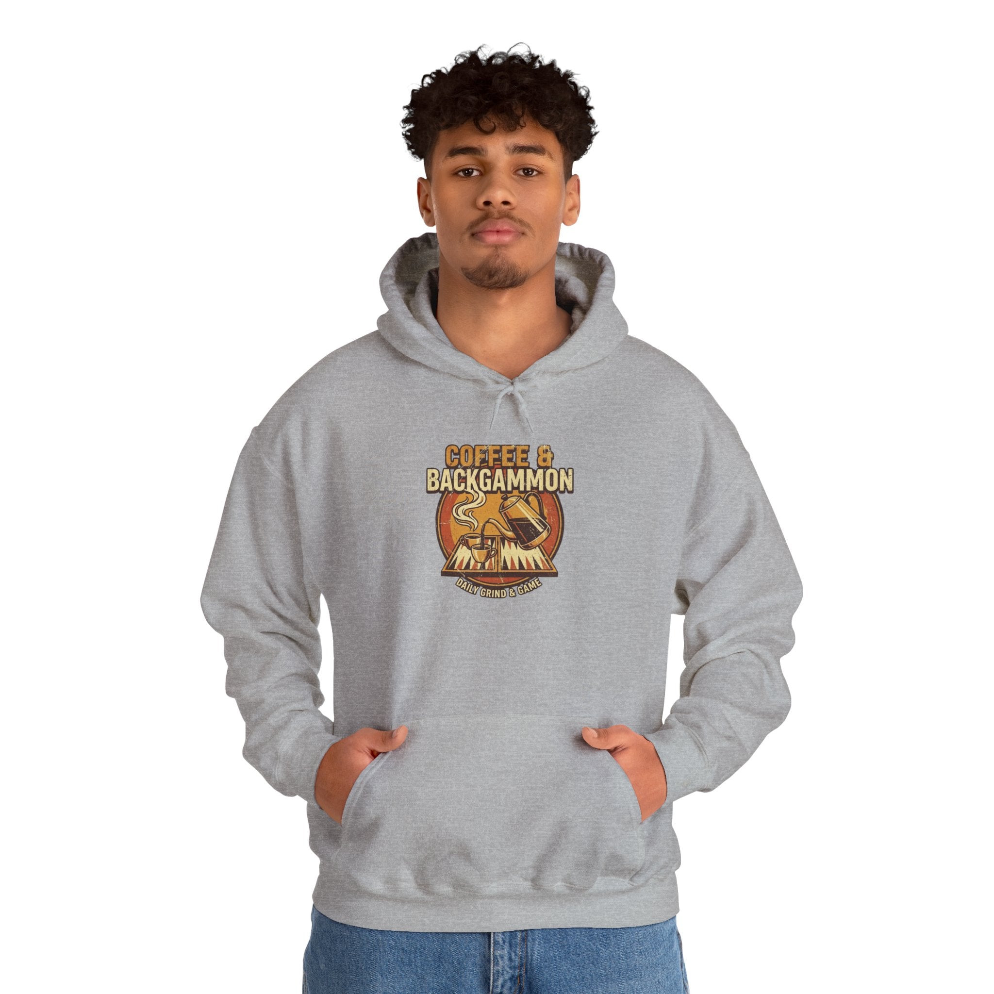 Coffee & Backgammon Unisex Heavy Blend™ Hooded Sweatshirt — Retro Coffee Lovers Game Night Sweatshirt