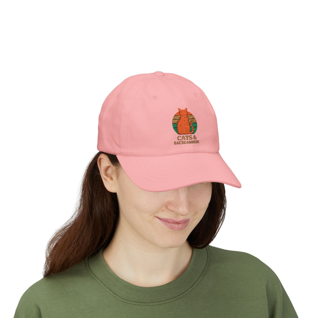 Cats & Backgammon Dad Cap — Retro Orange Cat Embroidered Baseball Hat