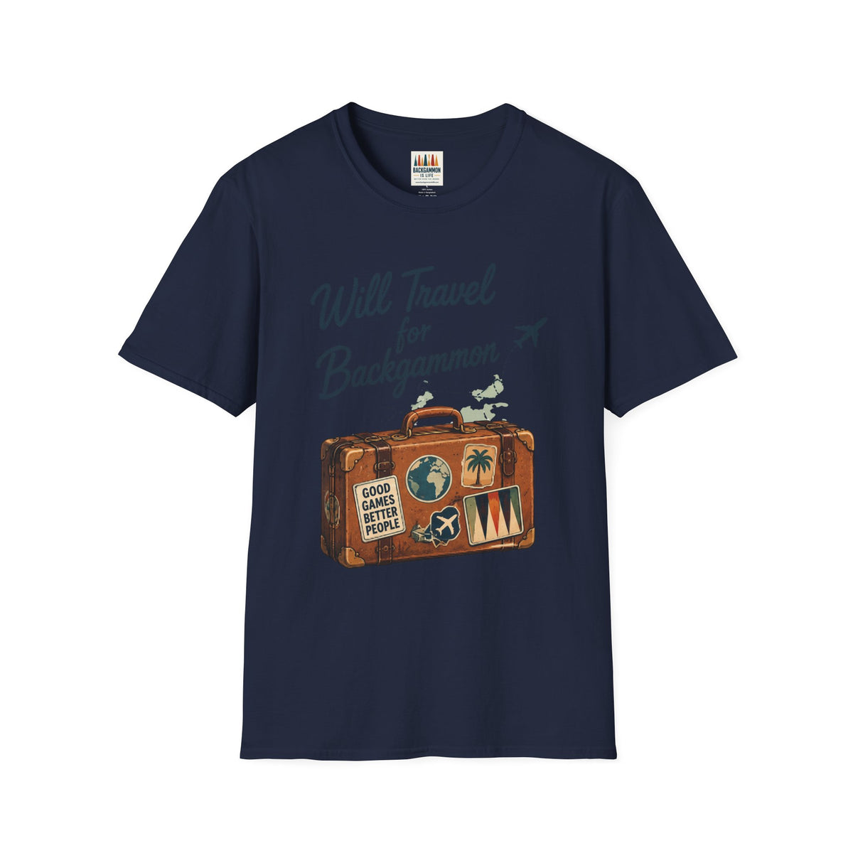 Backgammon Travel T-Shirt — "Will Travel for Backgammon" Vintage Suitcase Design