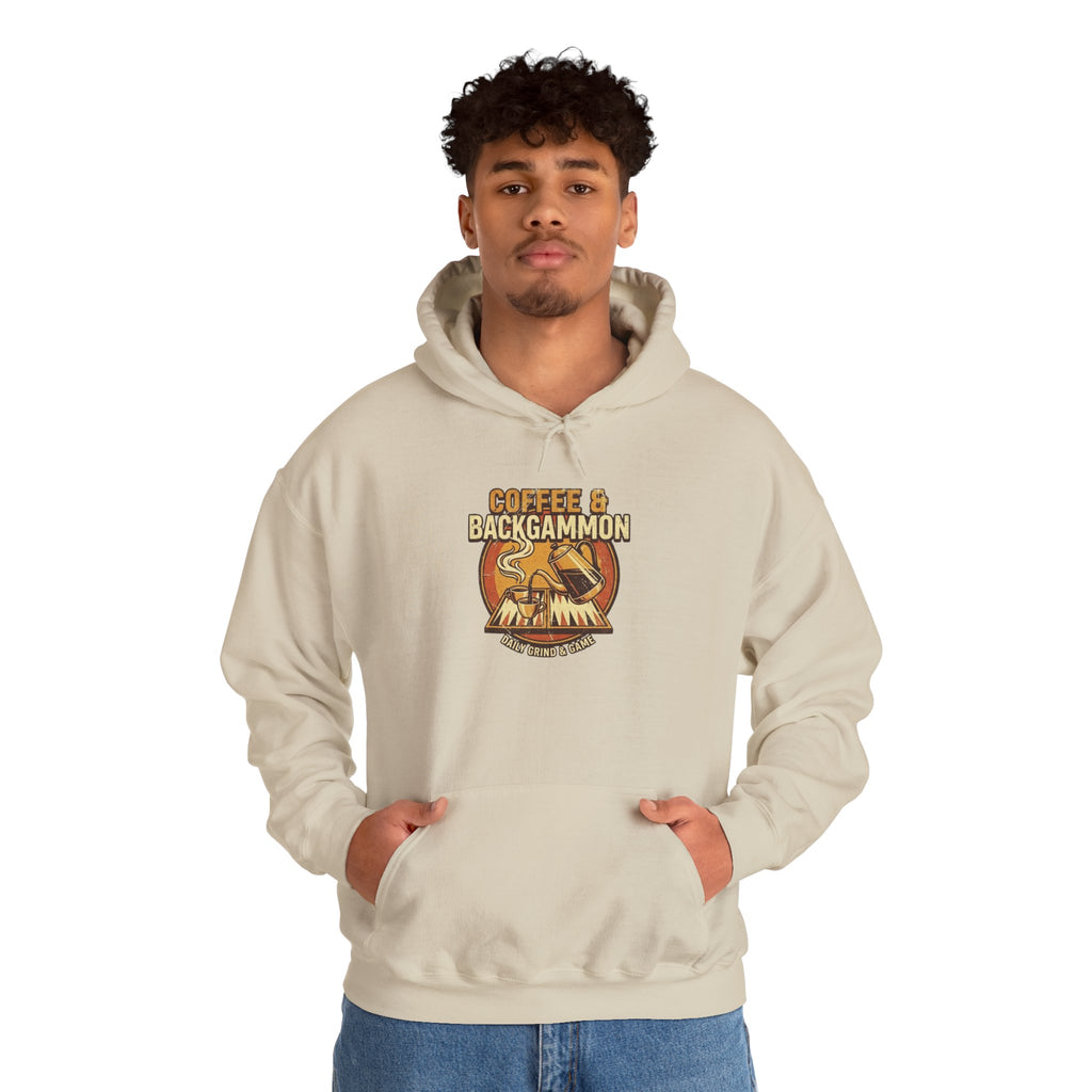 Coffee & Backgammon Unisex Heavy Blend™ Hooded Sweatshirt — Retro Coffee Lovers Game Night Sweatshirt