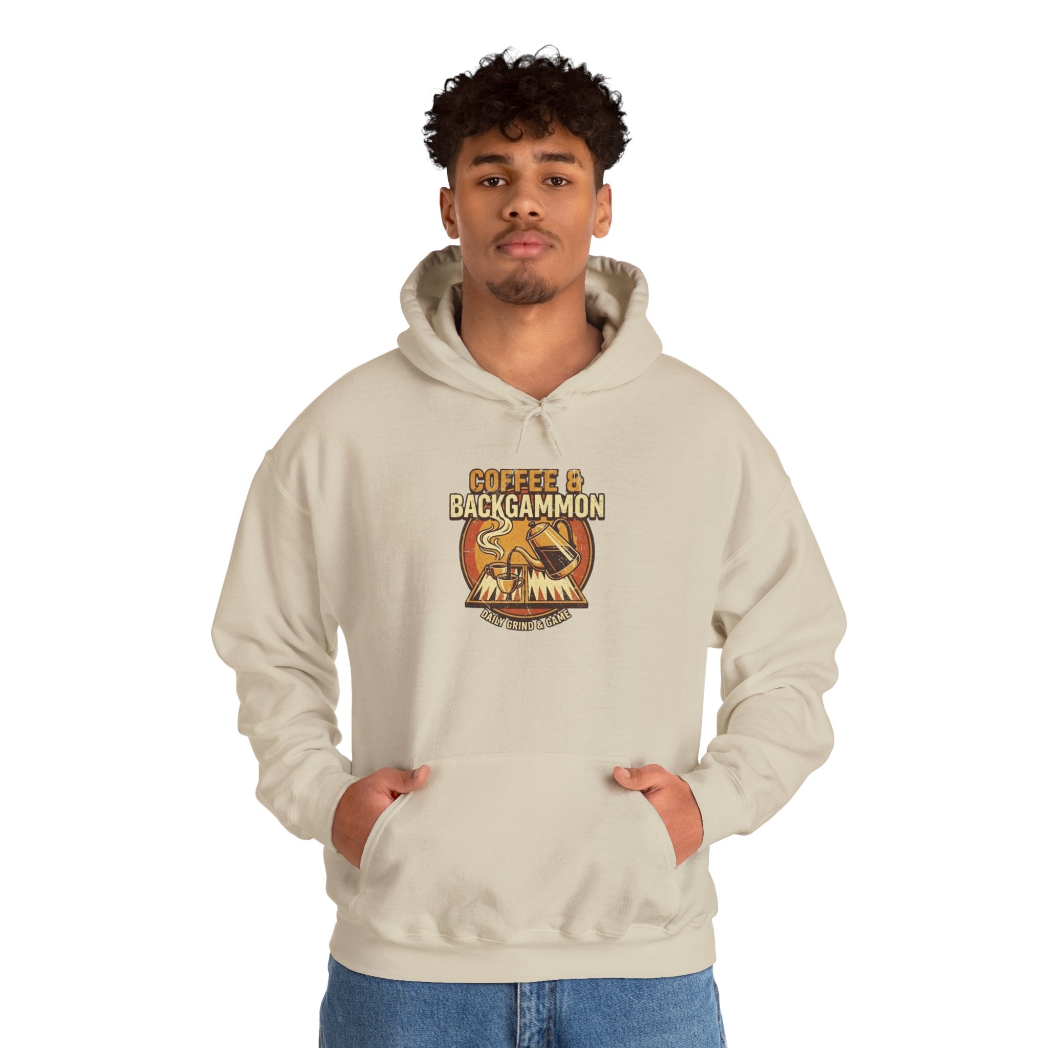Coffee & Backgammon Unisex Heavy Blend™ Hooded Sweatshirt — Retro Coffee Lovers Game Night Sweatshirt