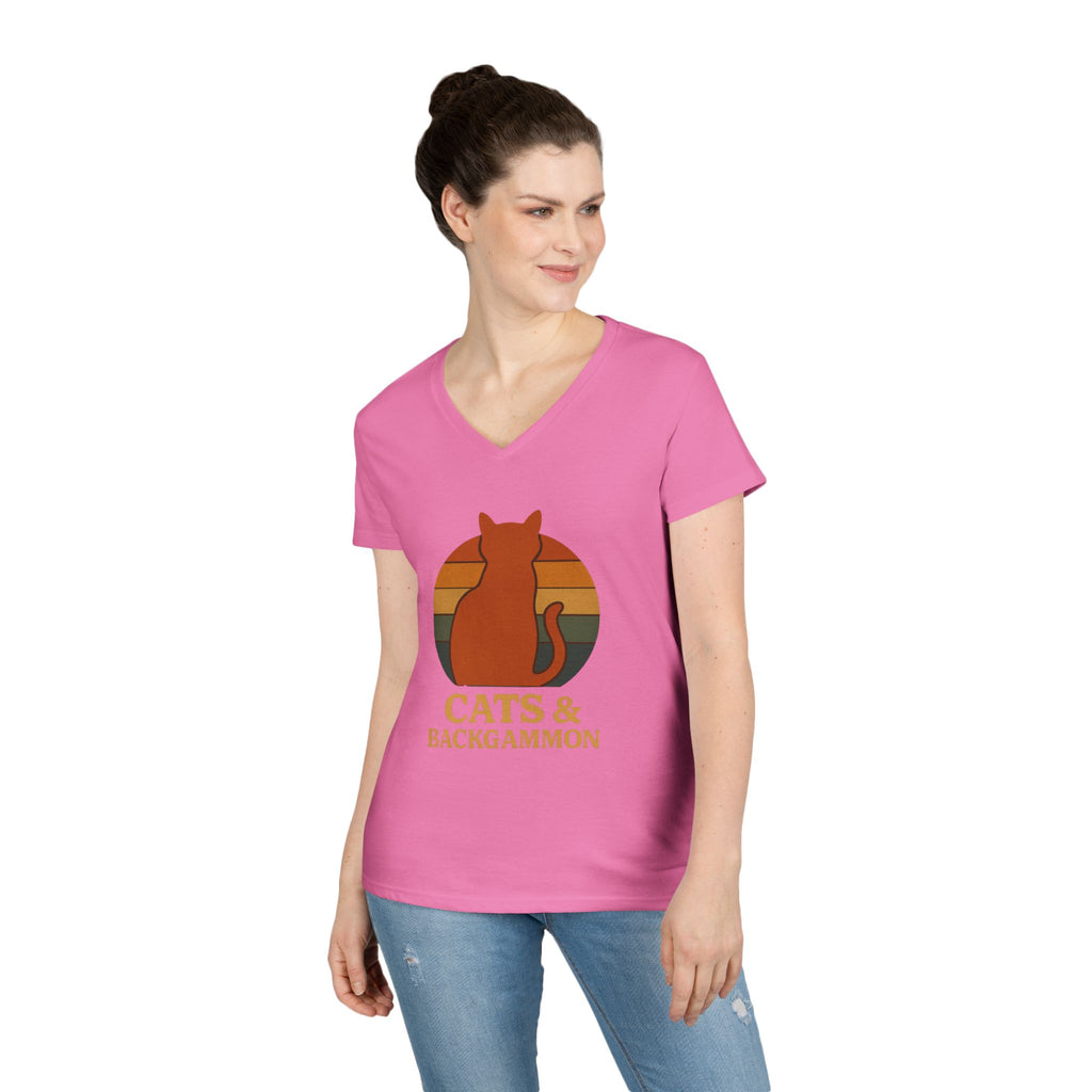 Cats & Backgammon ladies V-Neck Tee — Retro Cat Graphic Shirt for Players & Cat Lovers