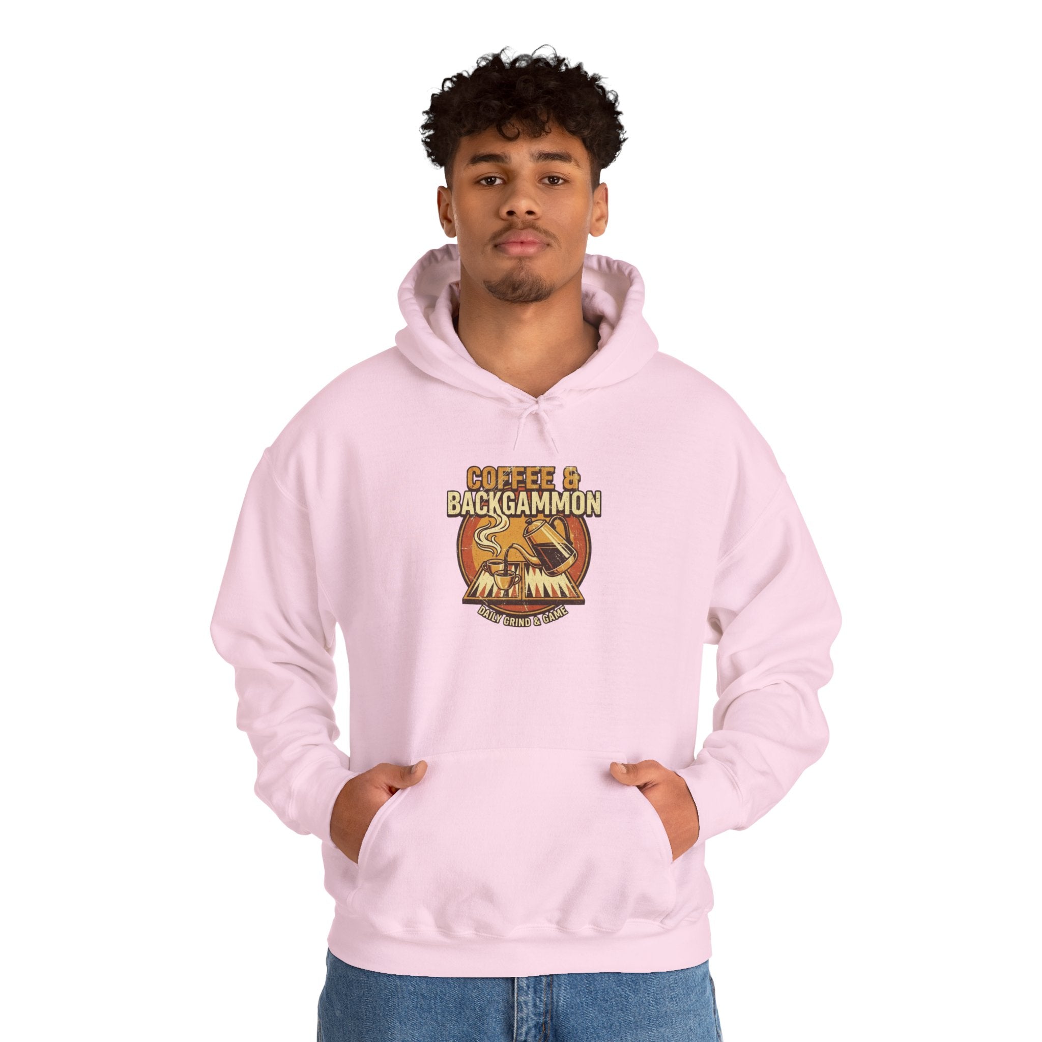 Coffee & Backgammon Unisex Heavy Blend™ Hooded Sweatshirt — Retro Coffee Lovers Game Night Sweatshirt