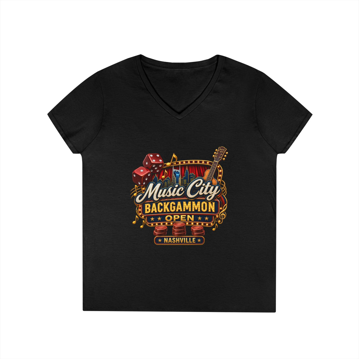 Music City Backgammon Open Ladies' V-Neck T-Shirt — Nashville Guitar & Dice Tournament Tee