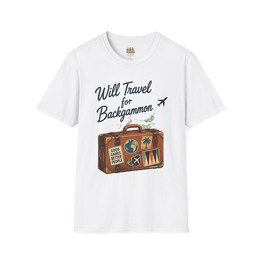 Backgammon Travel T-Shirt — "Will Travel for Backgammon" Vintage Suitcase Design