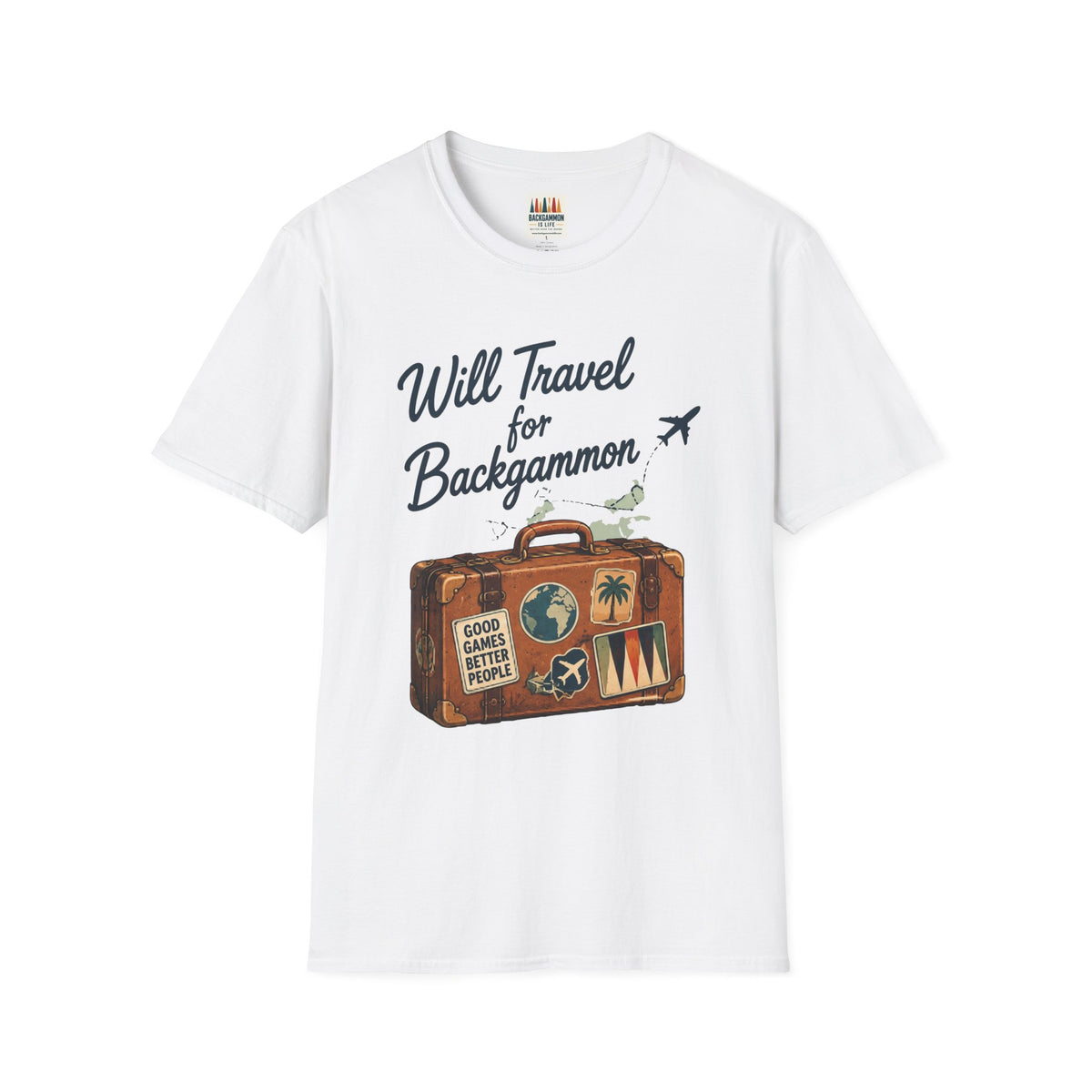 Backgammon Travel T-Shirt — "Will Travel for Backgammon" Vintage Suitcase Design