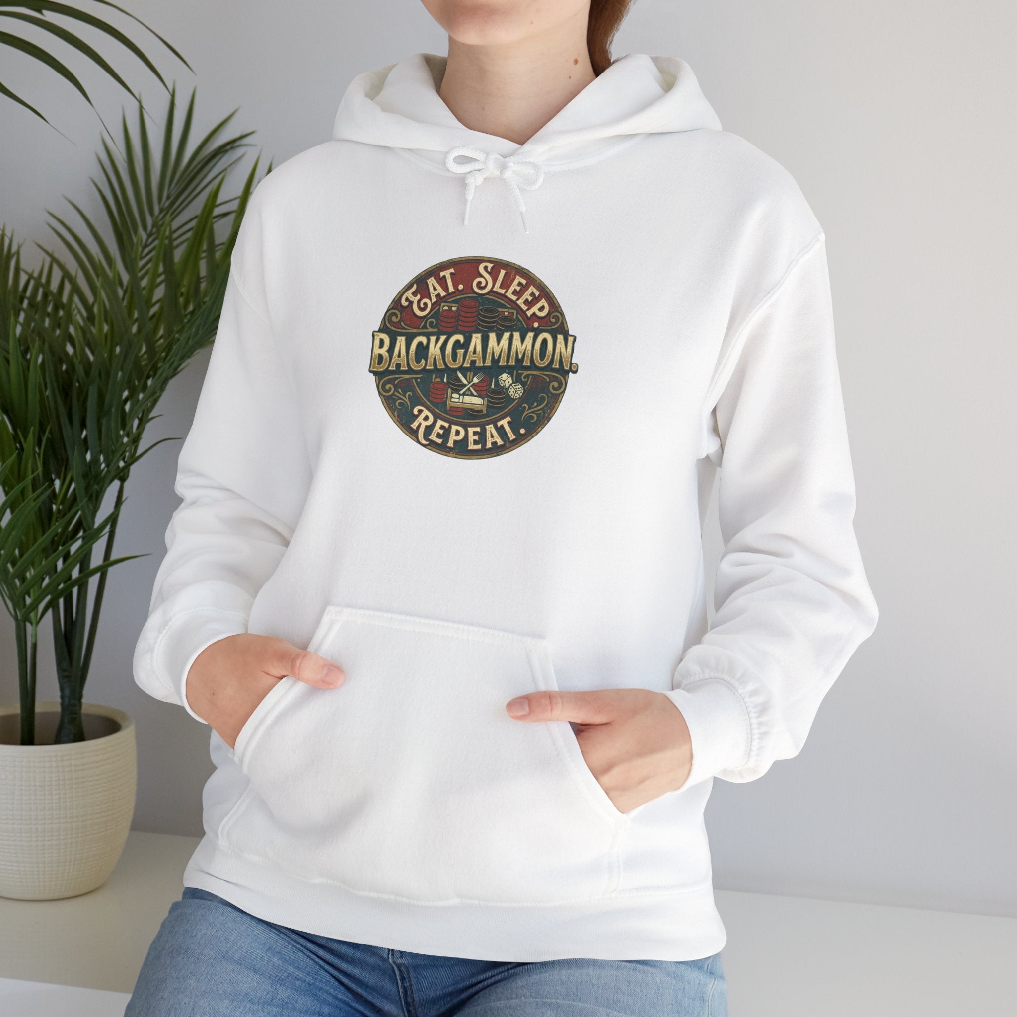 Eat. Sleep. Backgammon. Repeat. Unisex Heavy Blend™ Hooded Sweatshirt - Vintage Game Night Sweatshirt