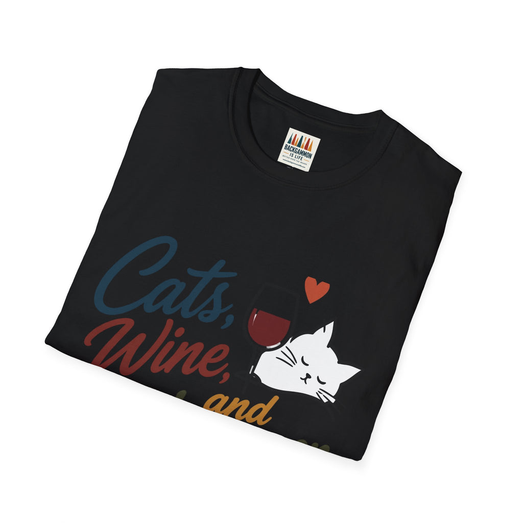 Cats, Wine & Backgammon T-Shirt — Funny Cat Lover Graphic Tee