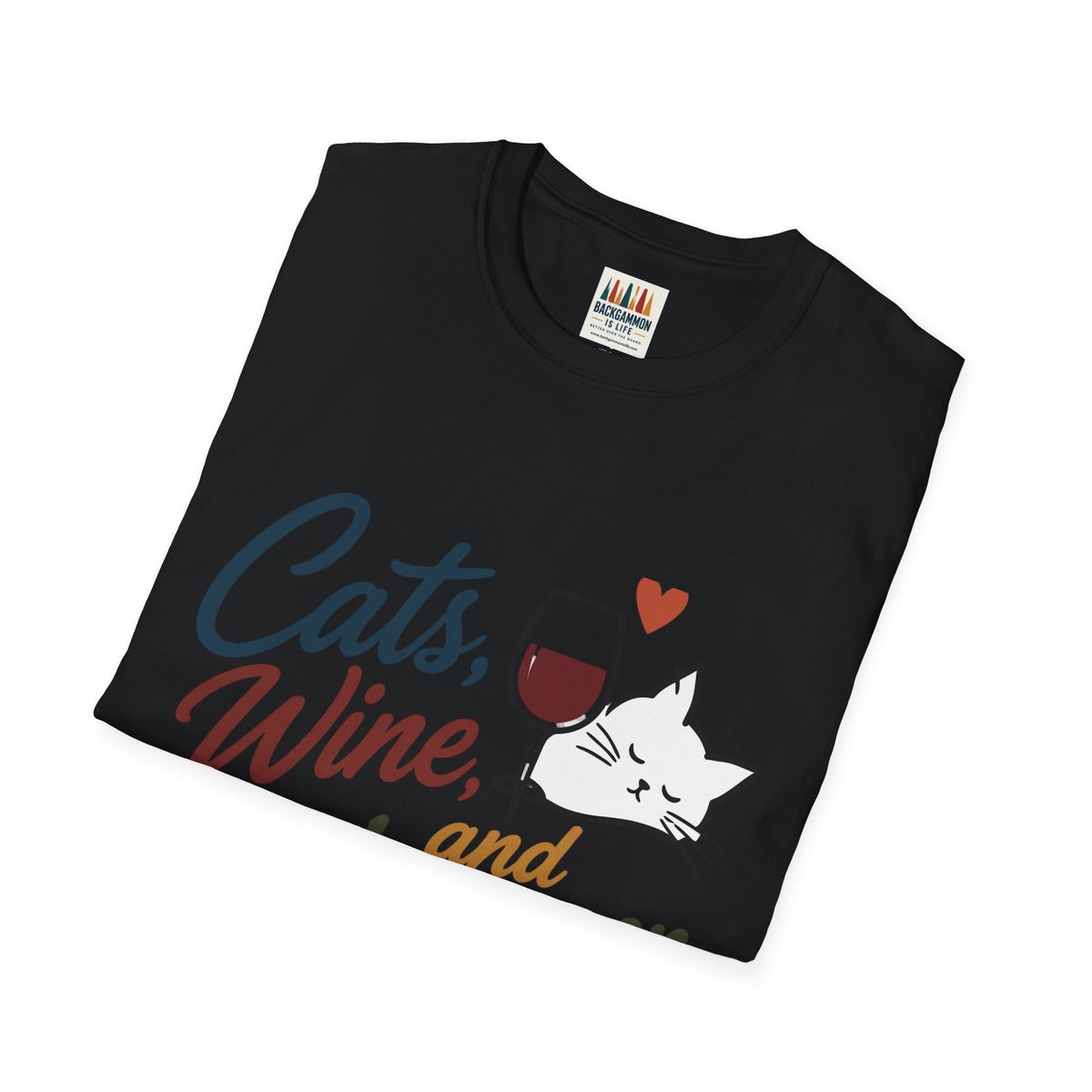 Cats, Wine & Backgammon T-Shirt — Funny Cat Lover Graphic Tee