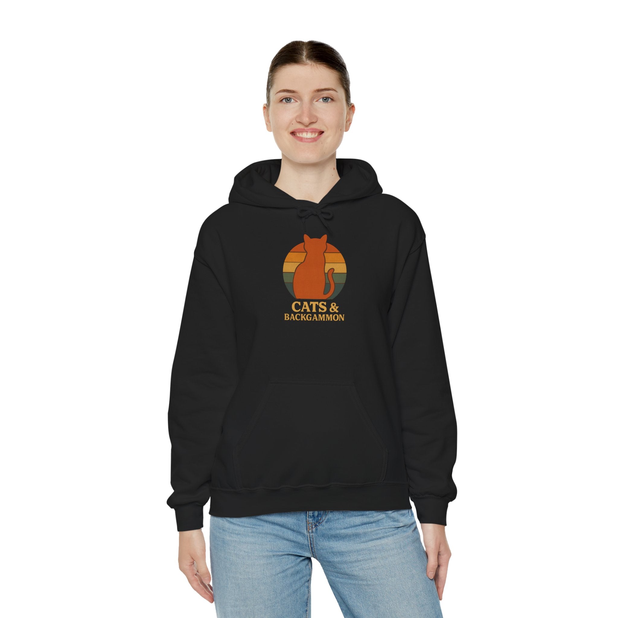 Cats & Backgammon Hoodie — Retro Sunset Cat Game Lover Pullover