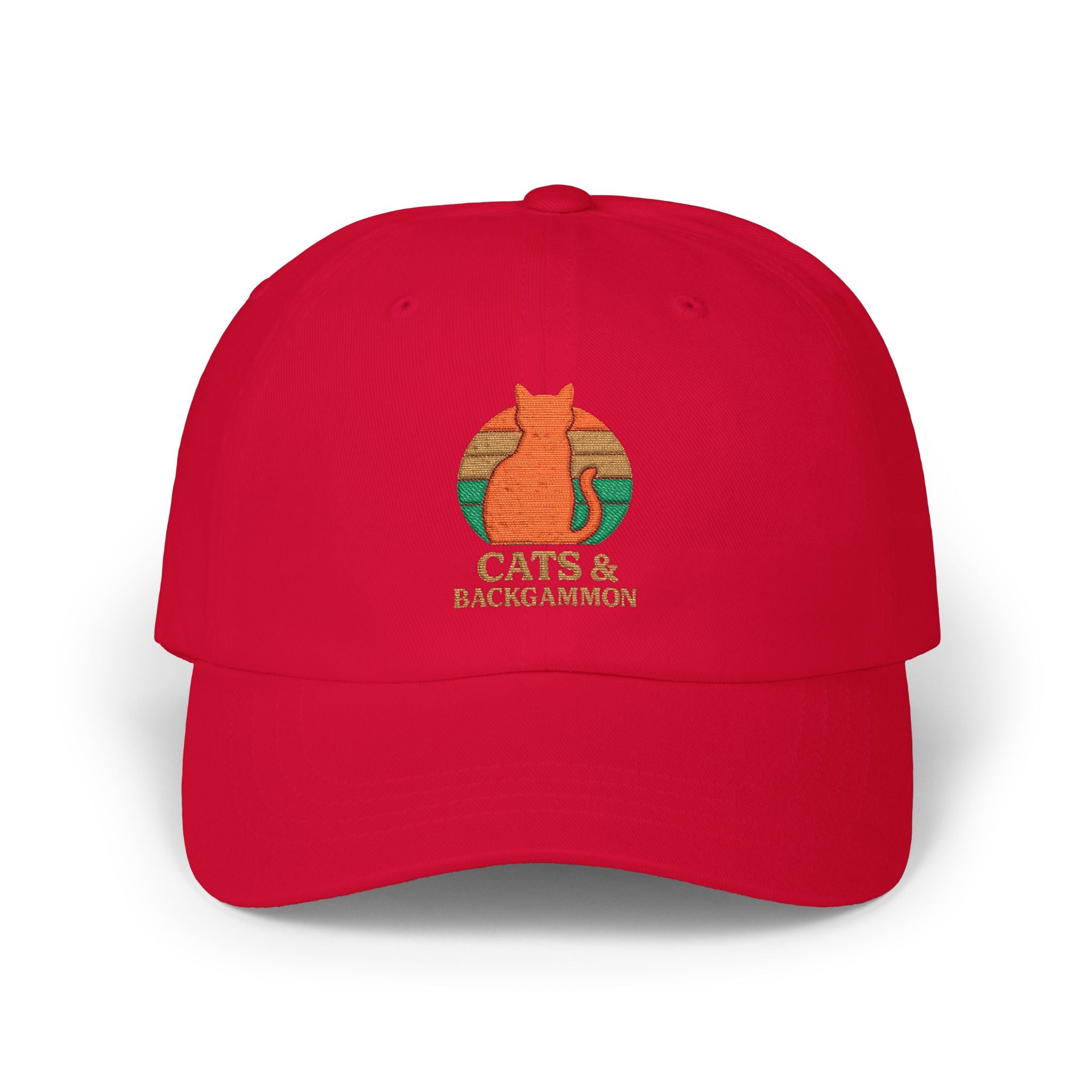 Cats & Backgammon Dad Cap — Retro Orange Cat Embroidered Baseball Hat