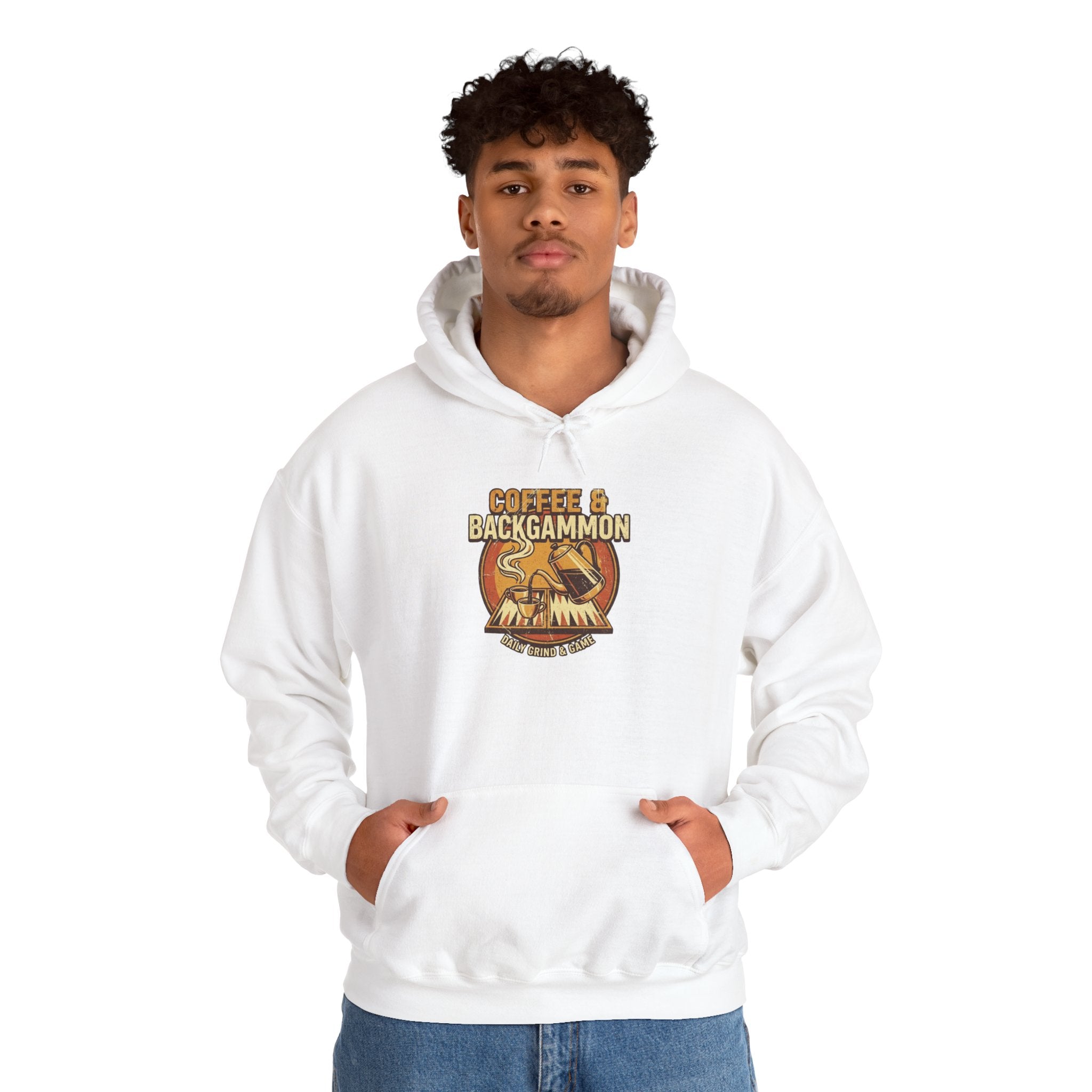 Coffee & Backgammon Unisex Heavy Blend™ Hooded Sweatshirt — Retro Coffee Lovers Game Night Sweatshirt
