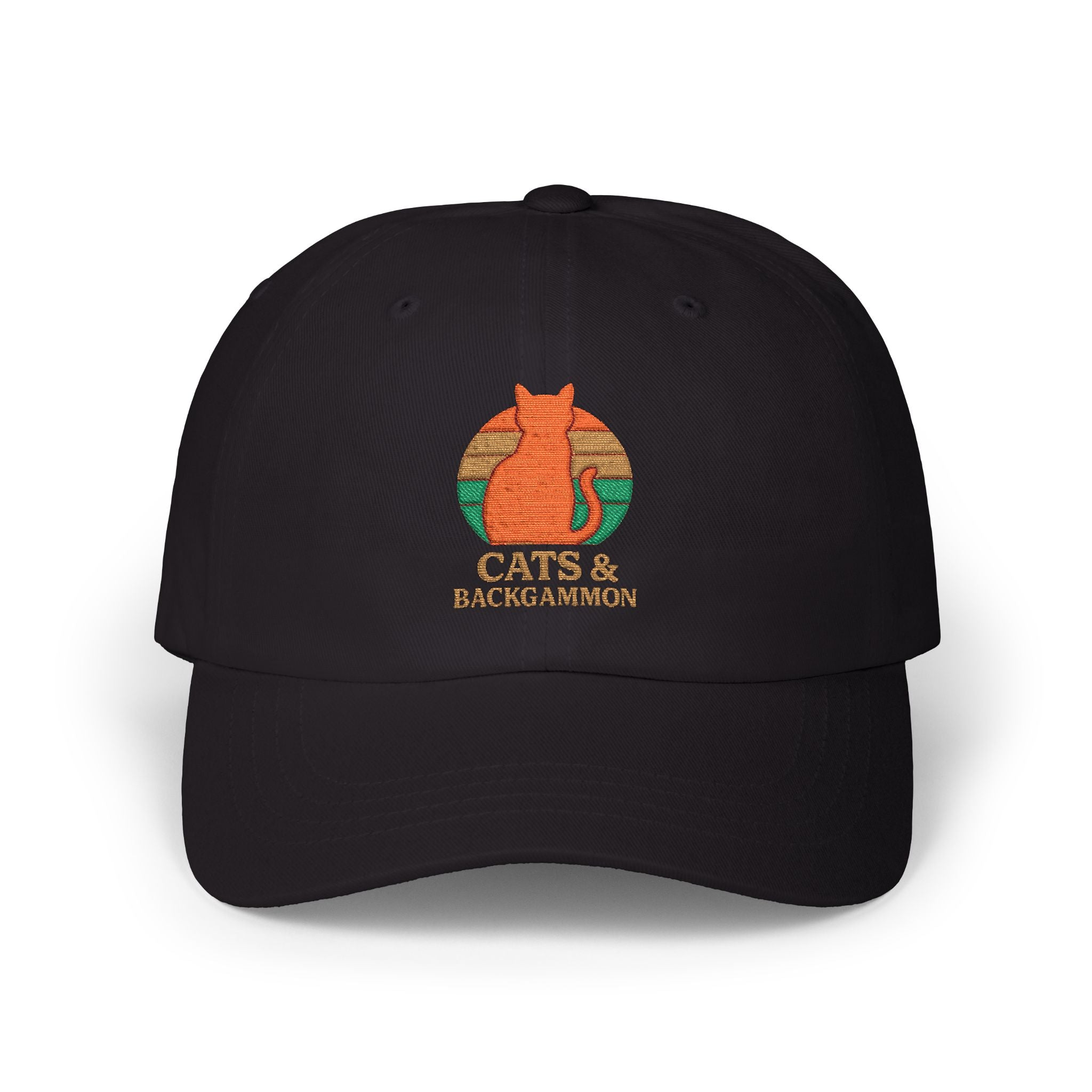 Cats & Backgammon Dad Cap — Retro Orange Cat Embroidered Baseball Hat