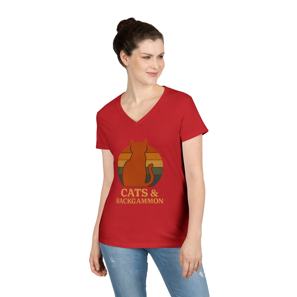 Cats & Backgammon ladies V-Neck Tee — Retro Cat Graphic Shirt for Players & Cat Lovers