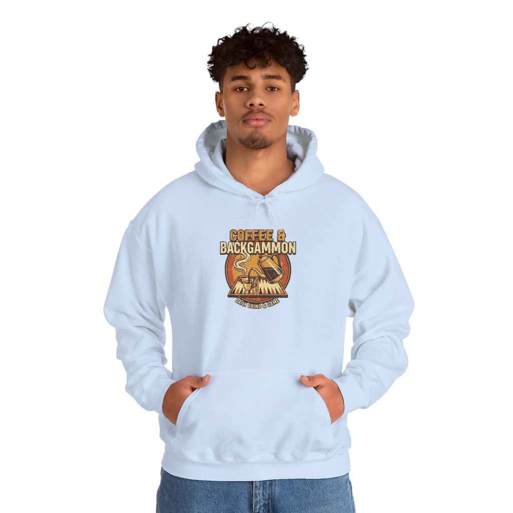 Coffee & Backgammon Unisex Heavy Blend™ Hooded Sweatshirt — Retro Coffee Lovers Game Night Sweatshirt