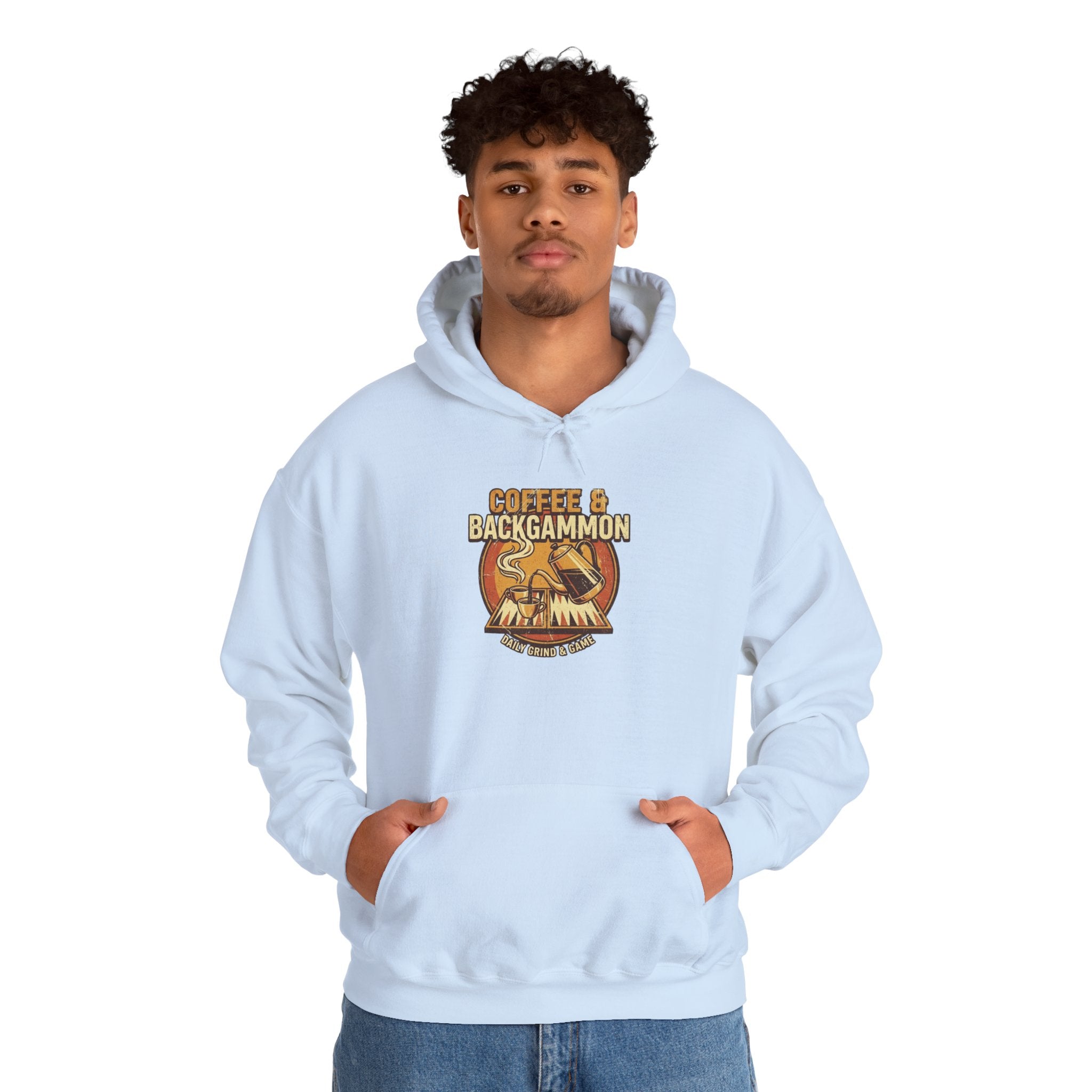 Coffee & Backgammon Unisex Heavy Blend™ Hooded Sweatshirt — Retro Coffee Lovers Game Night Sweatshirt