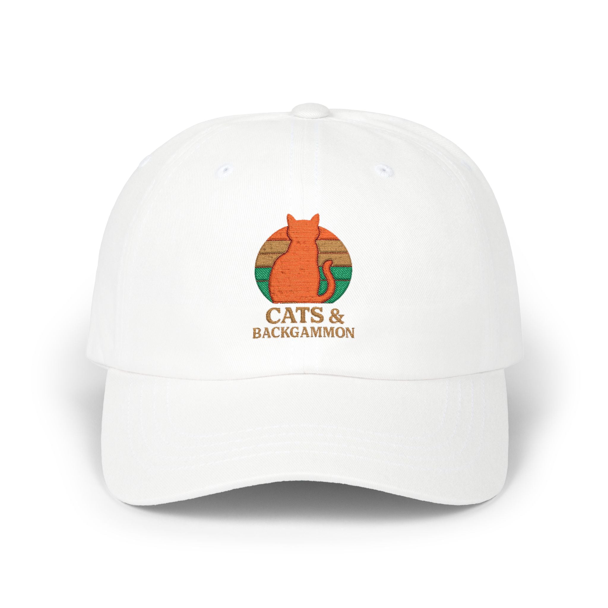 Cats & Backgammon Dad Cap — Retro Orange Cat Embroidered Baseball Hat
