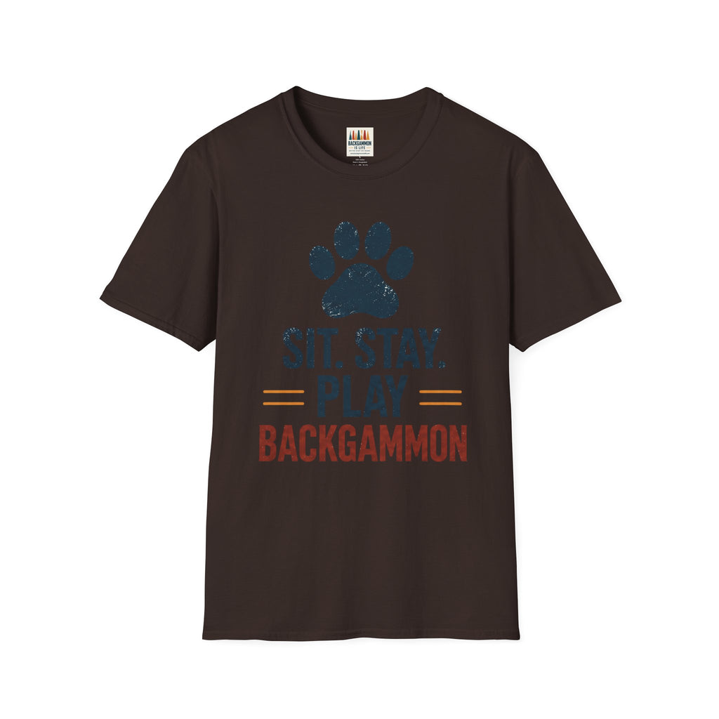 Backgammon T-Shirt — "Sit. Stay. Play Backgammon" Paw Print Tee