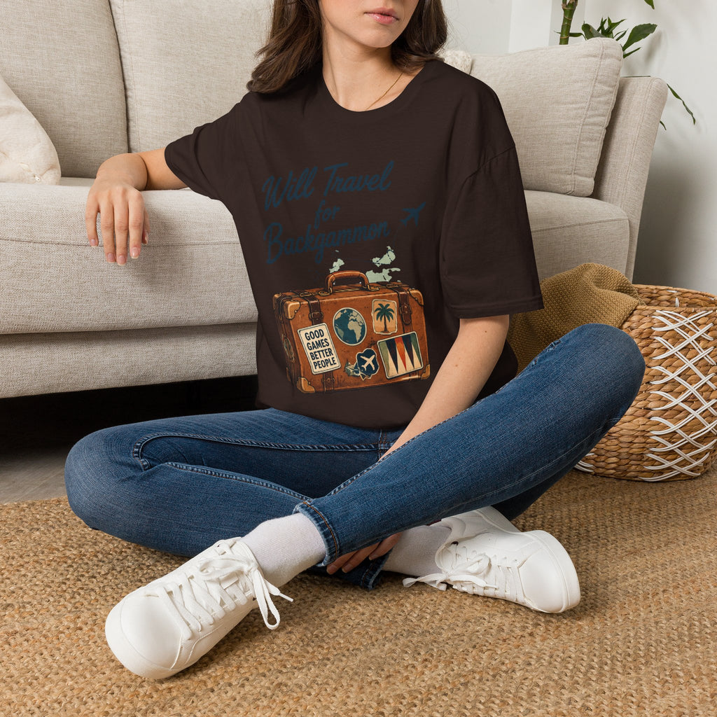 Backgammon Travel T-Shirt — "Will Travel for Backgammon" Vintage Suitcase Design