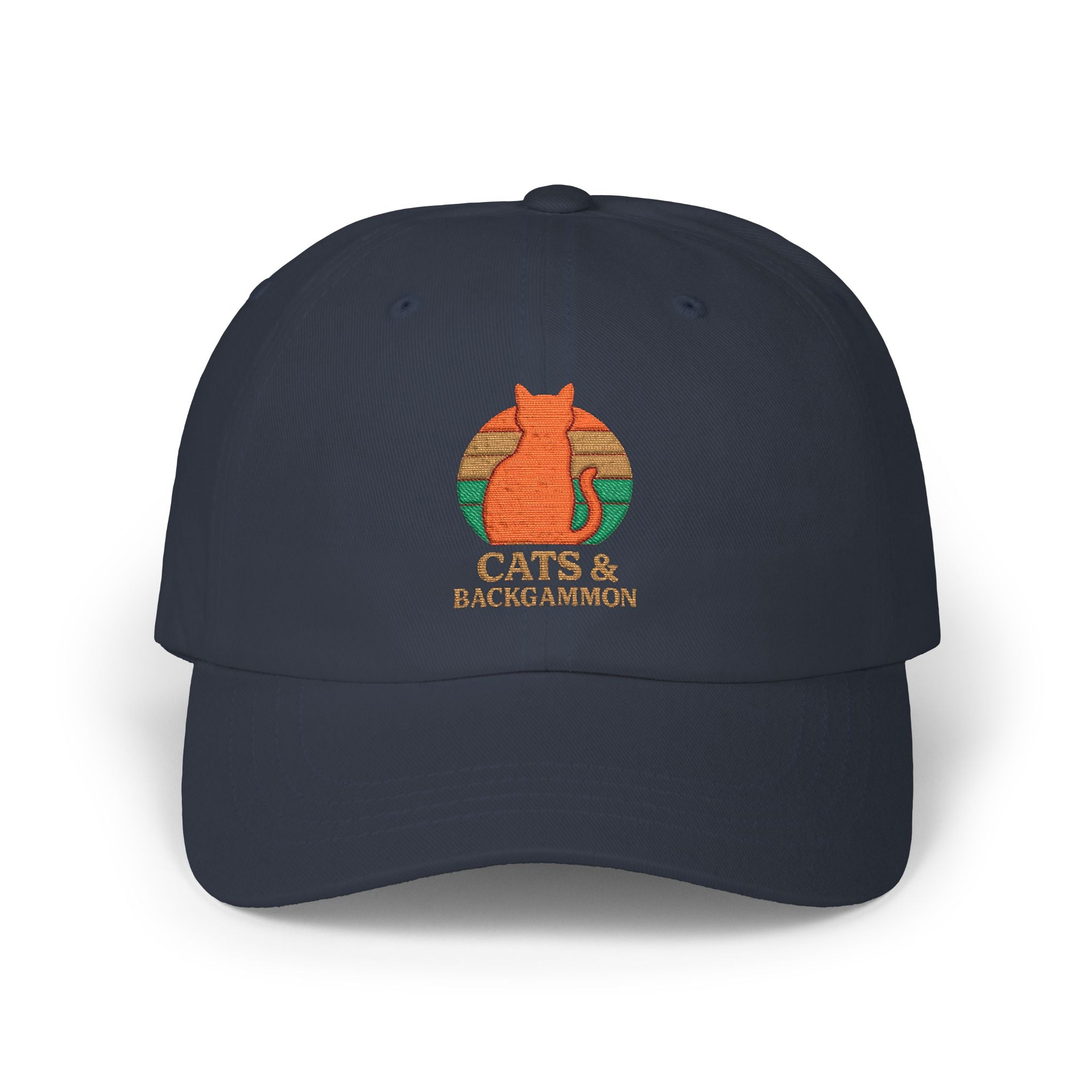 Cats & Backgammon Dad Cap — Retro Orange Cat Embroidered Baseball Hat