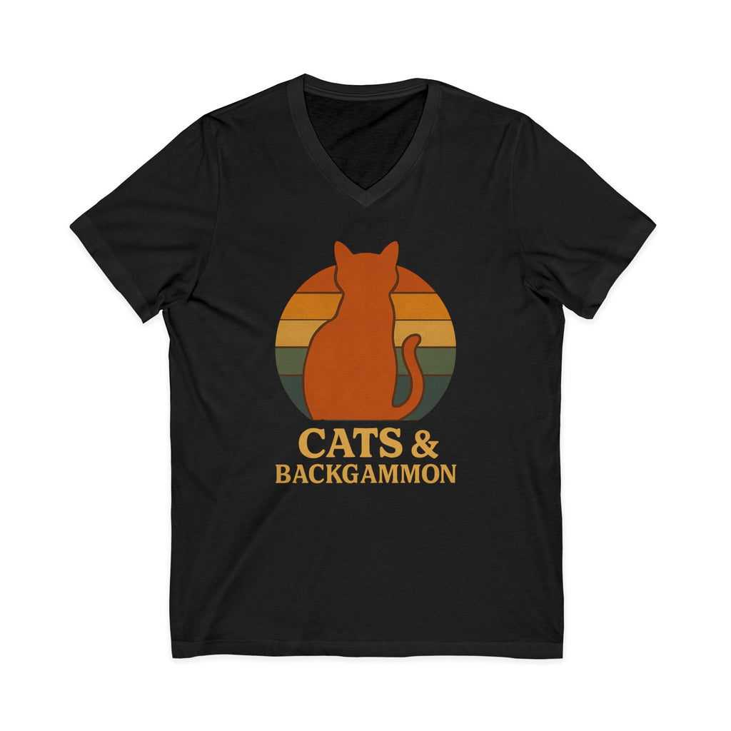 Cats & Backgammon V‑Neck Tee — Vintage Retro Cat Graphic Shirt