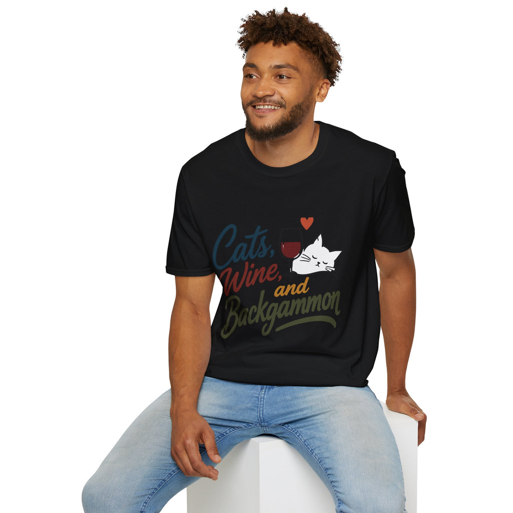Cats, Wine & Backgammon T-Shirt — Funny Cat Lover Graphic Tee