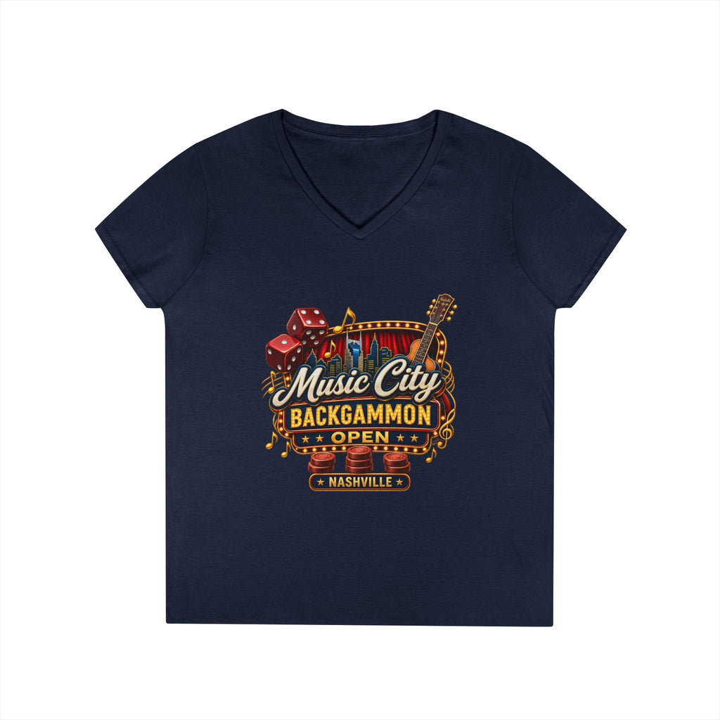 Music City Backgammon Open Ladies' V-Neck T-Shirt — Nashville Guitar & Dice Tournament Tee