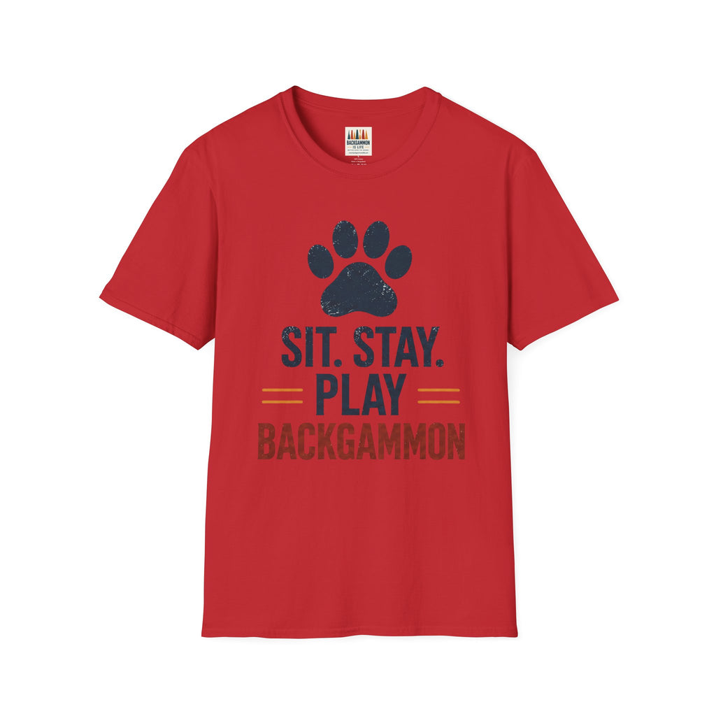 Backgammon T-Shirt — "Sit. Stay. Play Backgammon" Paw Print Tee