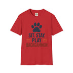 Backgammon T-Shirt — "Sit. Stay. Play Backgammon" Paw Print Tee