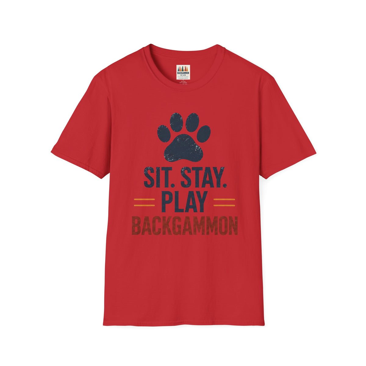 Backgammon T-Shirt — "Sit. Stay. Play Backgammon" Paw Print Tee