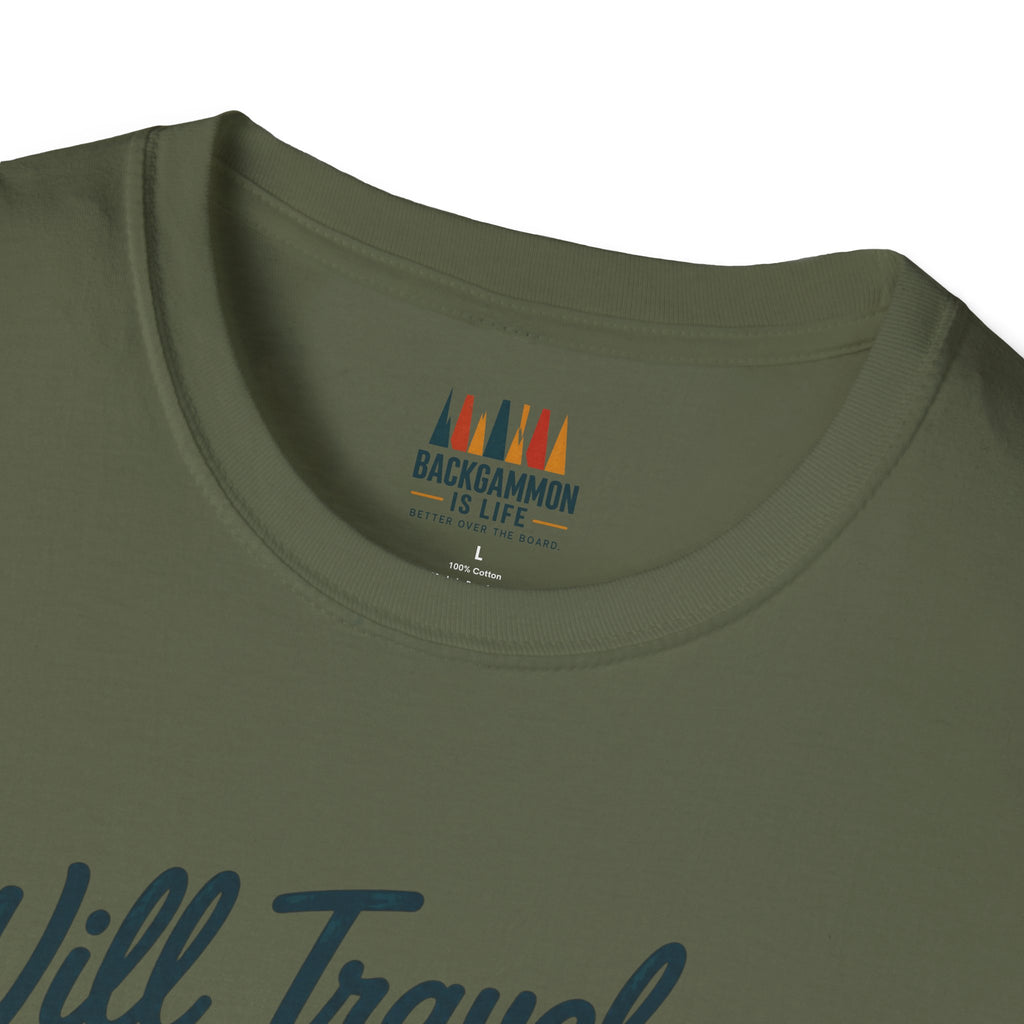 Backgammon Travel T-Shirt — "Will Travel for Backgammon" Vintage Suitcase Design