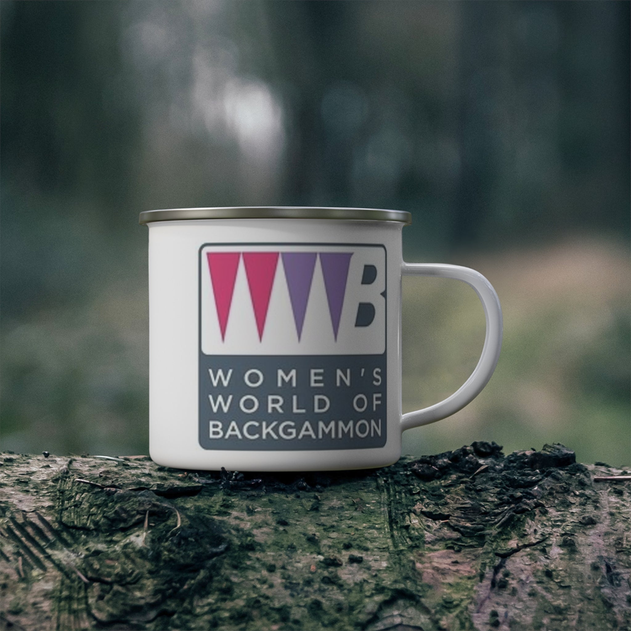 Women's World of Backgammon Enamel Camping Mug — Logo Campfire Coffee Cup