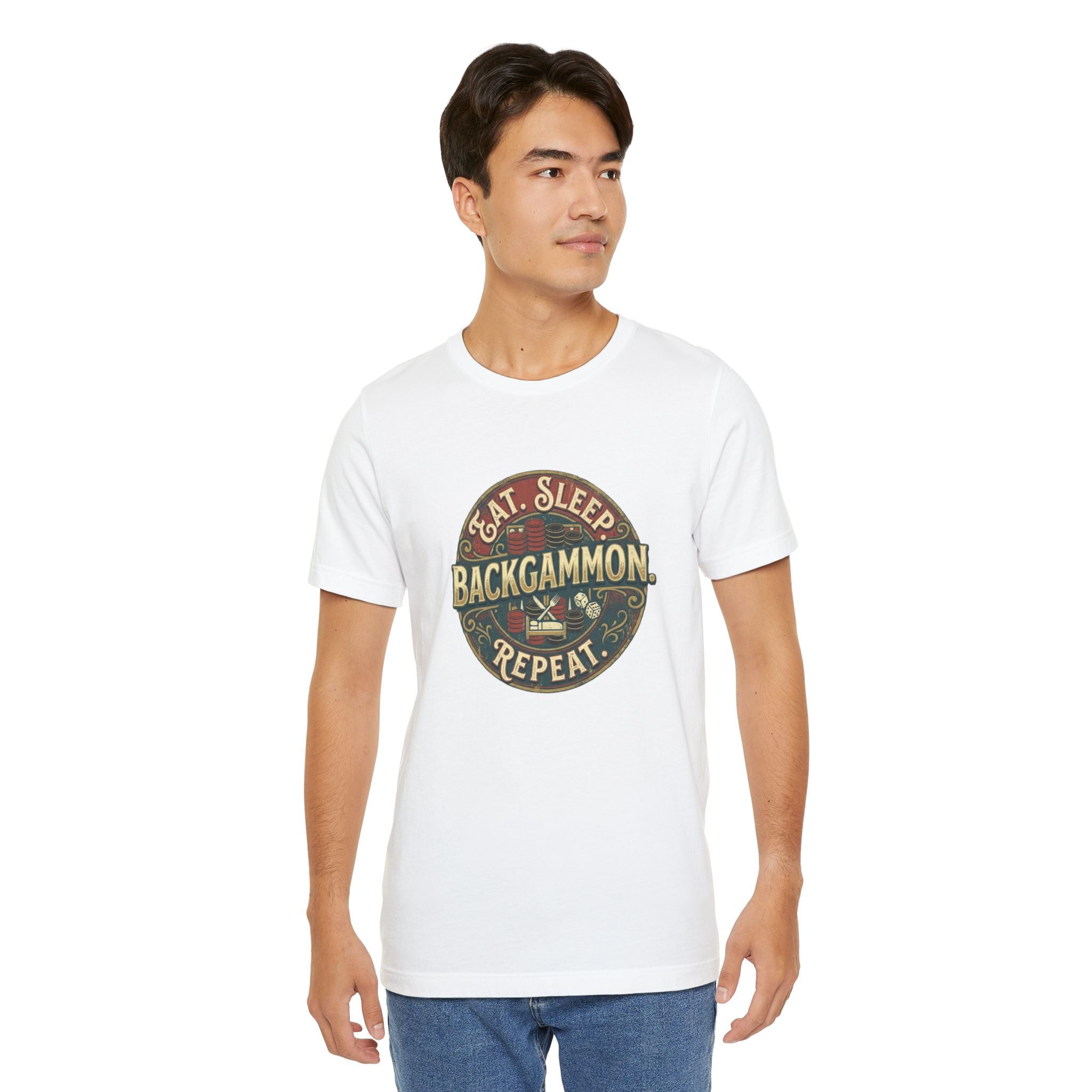 Eat. Sleep. Backgammon. Repeat. Unisex Jersey T-Shirt — Vintage Game Tee