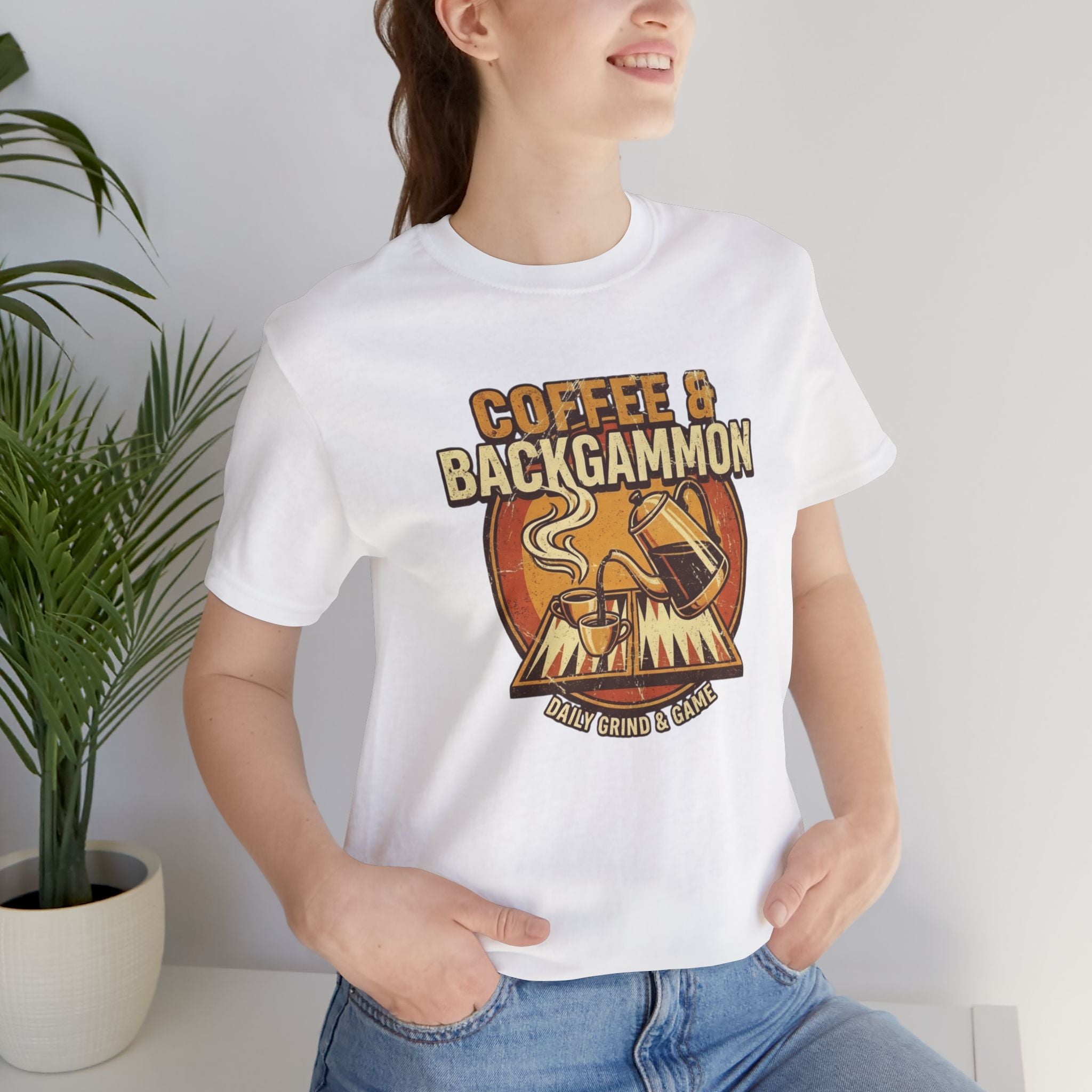Coffee & Backgammon Unisex Jersey T-Shirt— Retro Game Night Tee